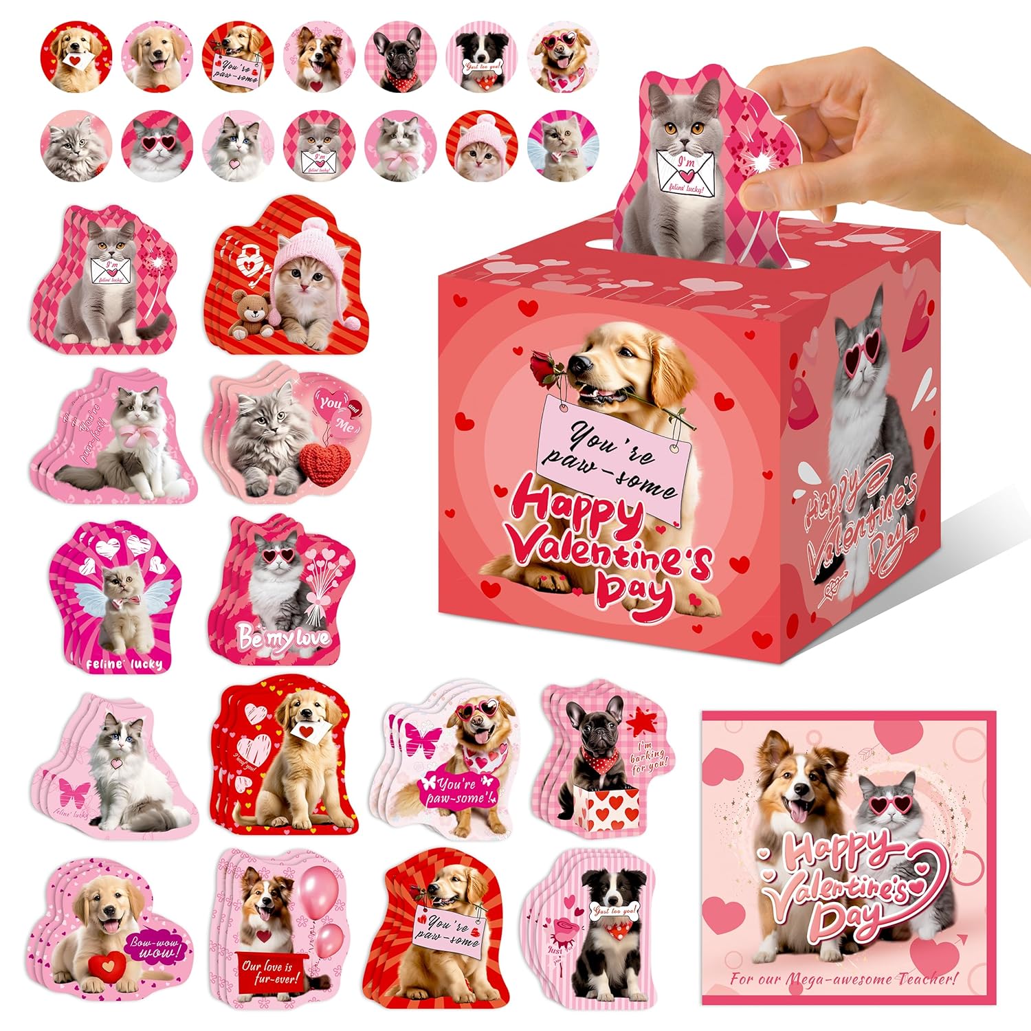 42 Pack Pet Valentine'S Day Card Set For Kids With Diy Box, Dog And Cat Designs, For School Classroom Exchanges, Boys And Girls Valentine'S Day Gifts(1 Mailbox, 42 Cards, 42 Stickers