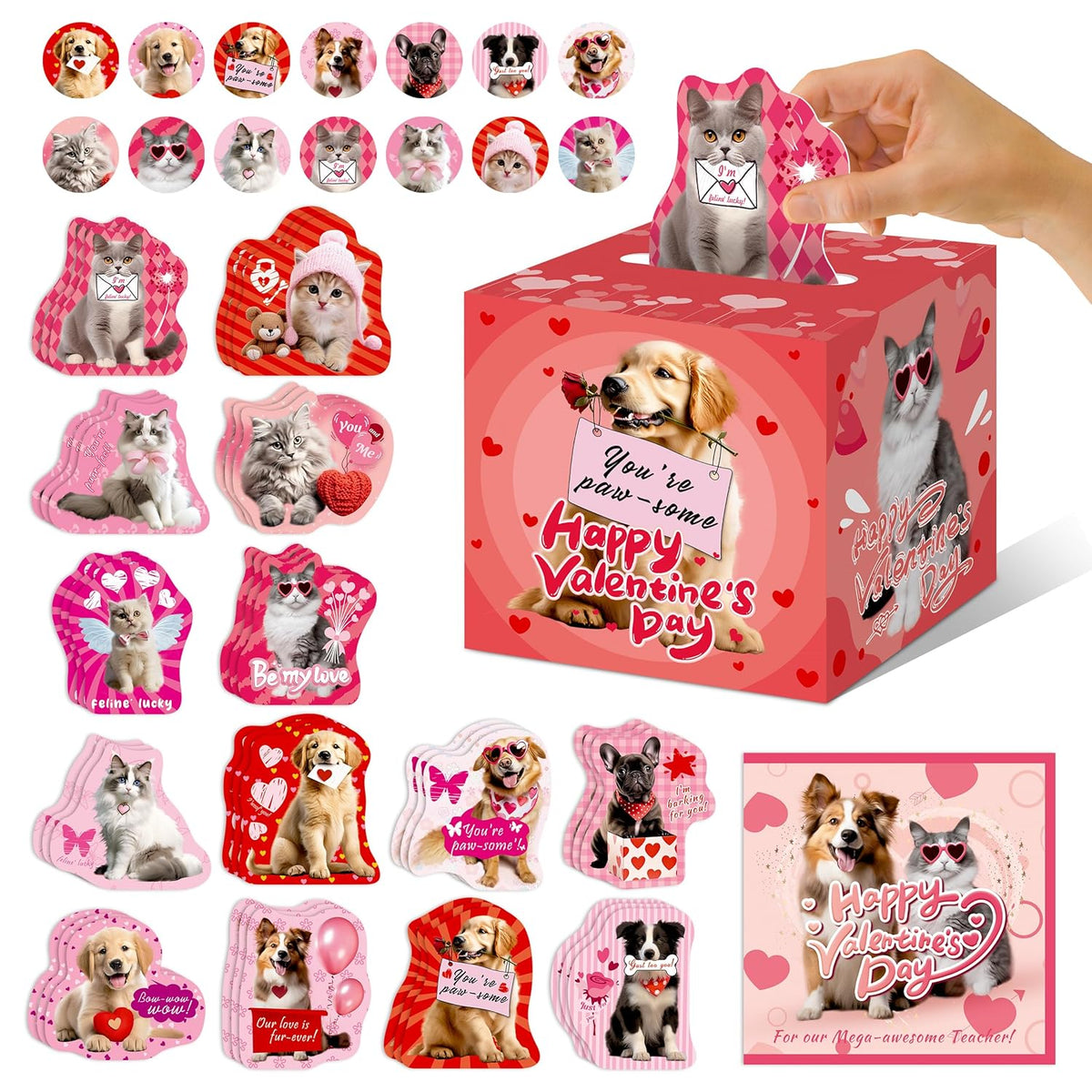42 Pack Pet Valentine'S Day Card Set For Kids With Diy Box, Dog And Cat Designs, For School Classroom Exchanges, Boys And Girls Valentine'S Day Gifts(1 Mailbox, 42 Cards, 42 Stickers