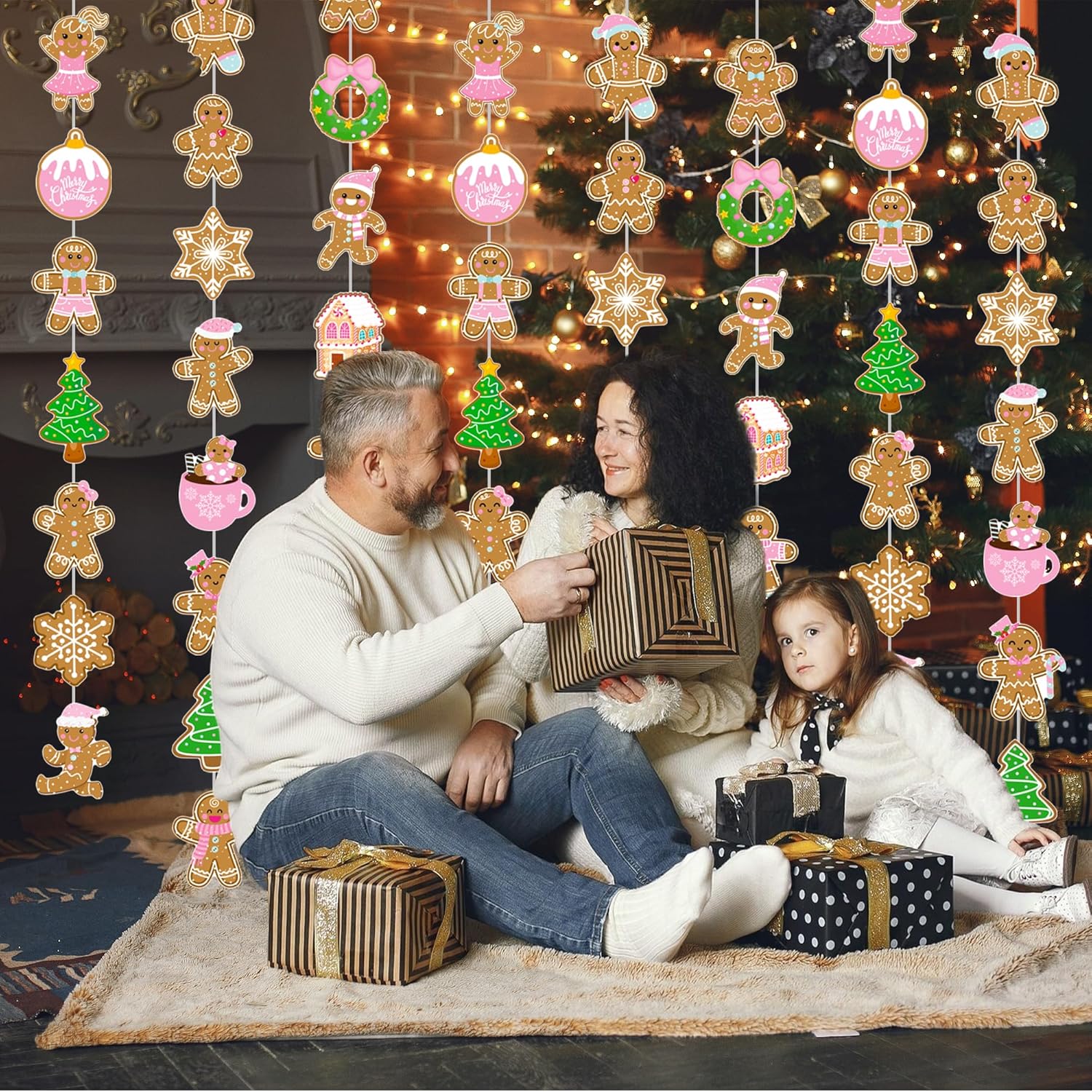 Gingerbread Theme Garlands Pink Christmas Decorations Girls 8Pcs Gingerbread House Xmas Tree Paper Garland Banners Christmas Party Supplies For Winter Holiday Birthday Wall Door Ceiling Decor