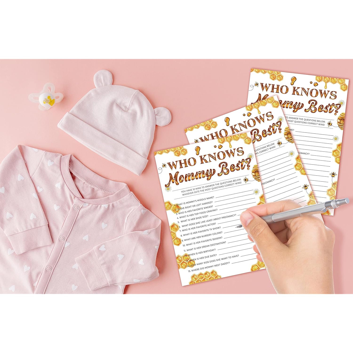 Baby Shower Game Set - Who Knows Mommy Best Game Card For Gender Reveal Party - Bumble Bee Baby Shower Games & Activities - Honey Honeycomb Party Decor For Friends - 30 Game Cards(F20)