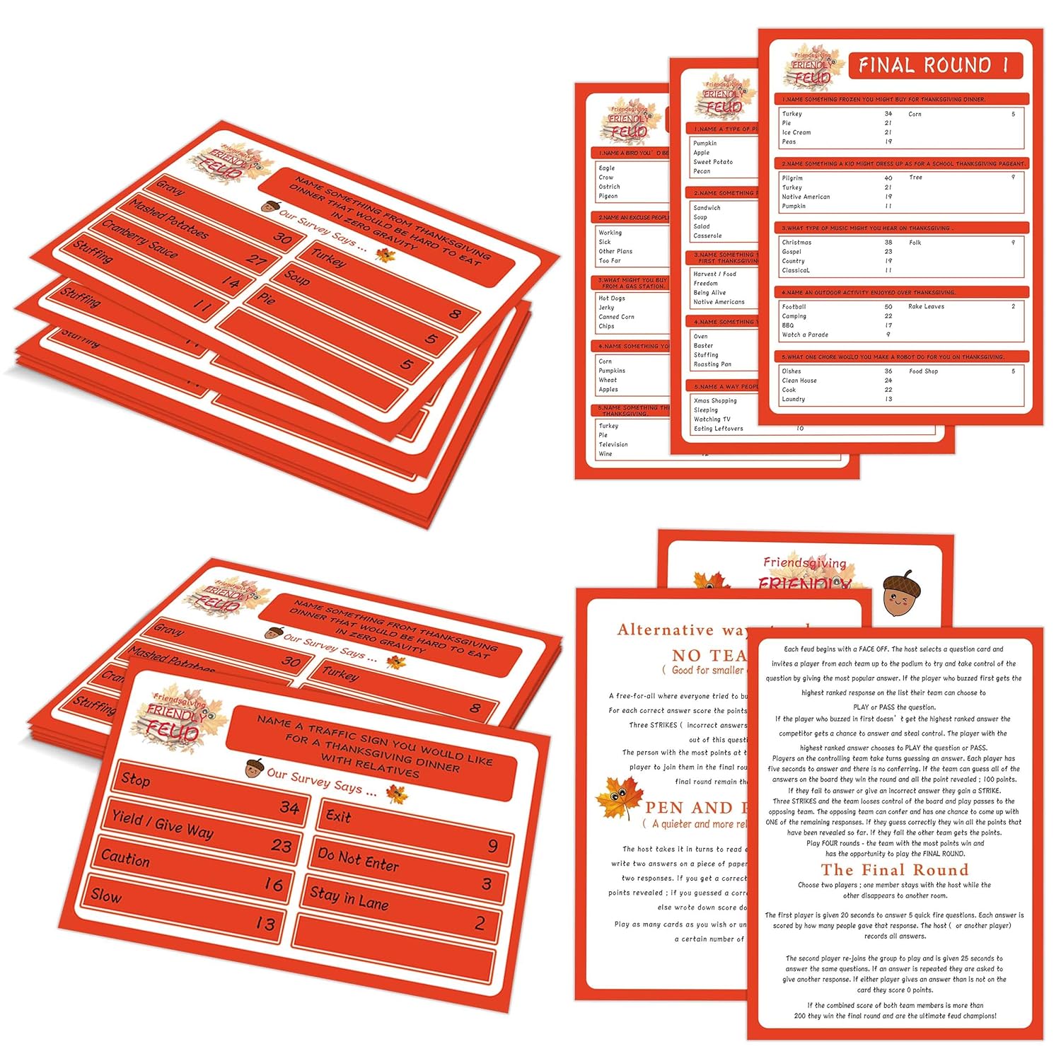 Thanksgiving Friendly Family Feud Game, Feud Trivia Quiz, Baby Shower Game For Family Activity (12 Question Cards & 3 Final Round Cards) Thanksgiving Games For Family Party Decorations Supplies-Sg4