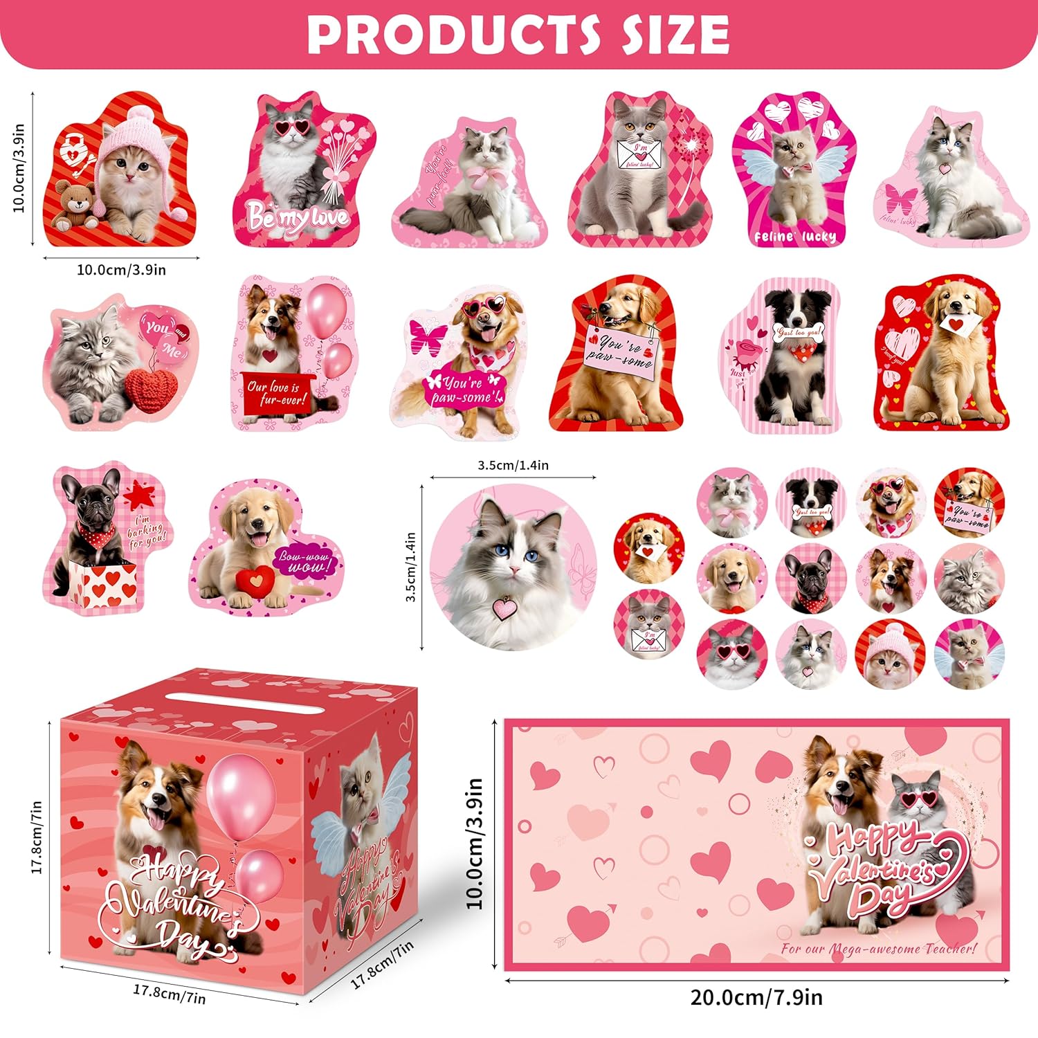 42 Pack Pet Valentine'S Day Card Set For Kids With Diy Box, Dog And Cat Designs, For School Classroom Exchanges, Boys And Girls Valentine'S Day Gifts(1 Mailbox, 42 Cards, 42 Stickers
