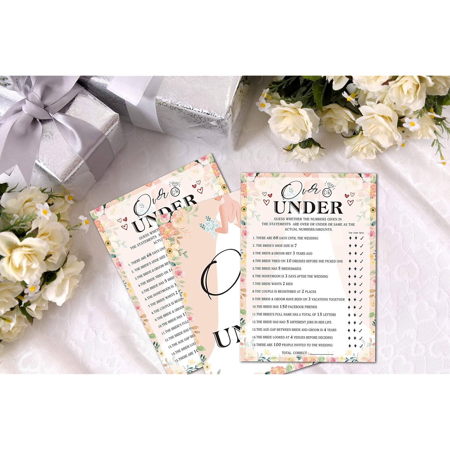 Bridal Shower Games, Over Or Under Wedding Shower Game Card, Blush Pink Boho Floral Romantic Engagement/Bachelorette Party Ideas Activities Supplies Decorations(30 Cards) - A03