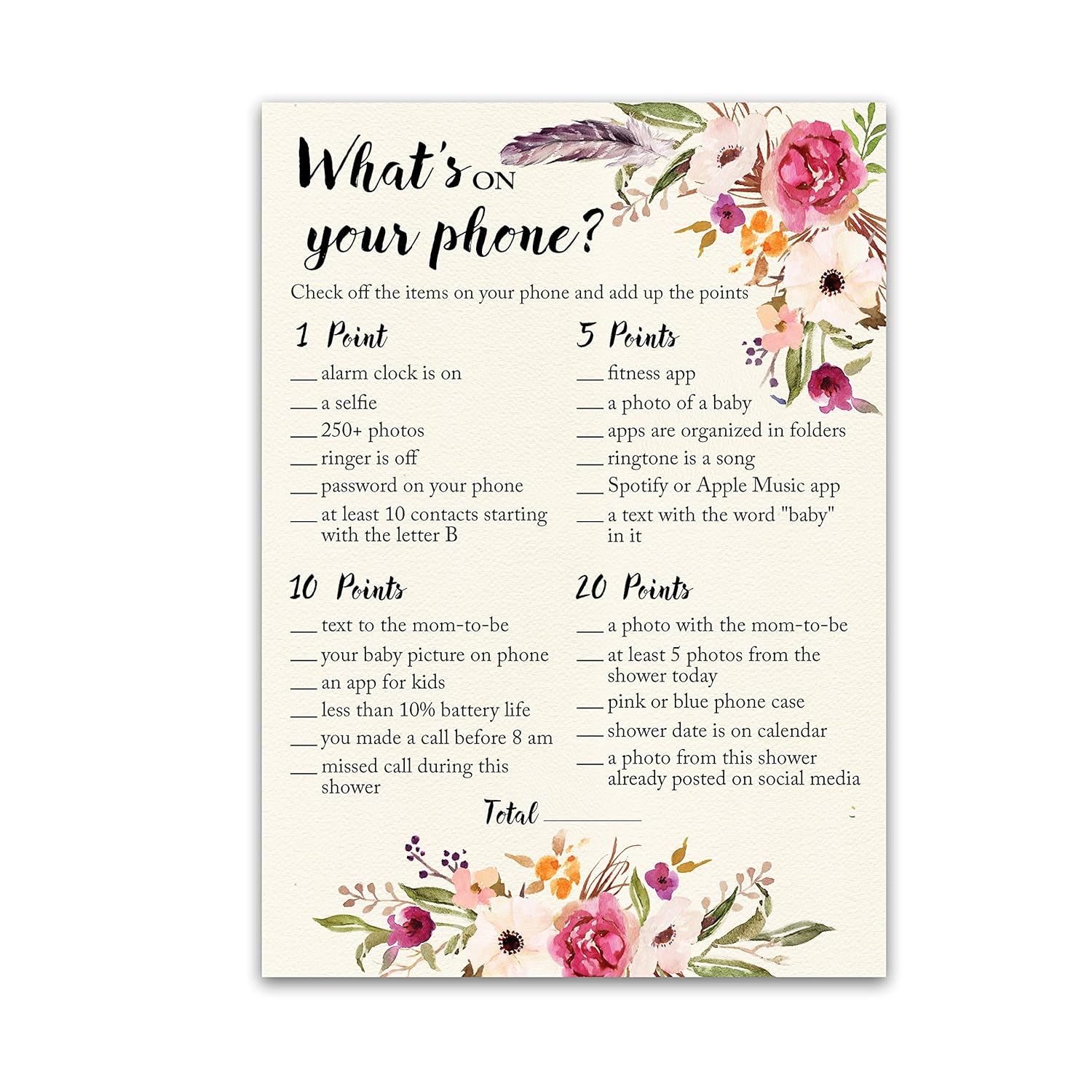 Boho Baby Shower Game What'S On Your Phone Game — Pack Of 25 — Girl Bohemian Pink Floral Baby Shower Activity, Co-Ed Couples Shower, Flowers Feather Phone Games G400-Phn