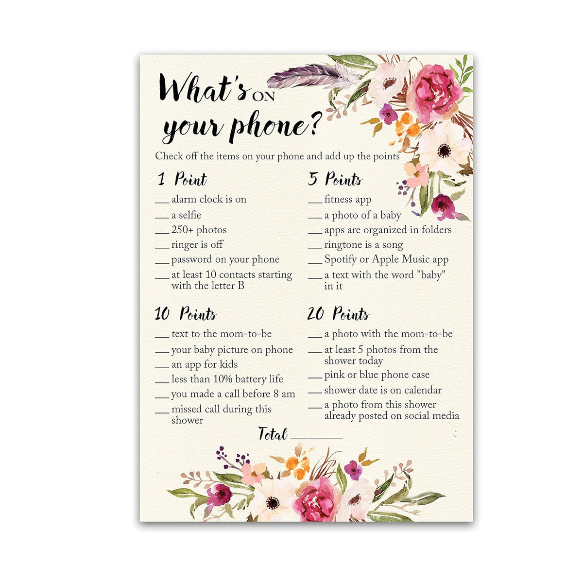 Boho Baby Shower Game What'S On Your Phone Game — Pack Of 25 — Girl Bohemian Pink Floral Baby Shower Activity, Co-Ed Couples Shower, Flowers Feather Phone Games G400-Phn