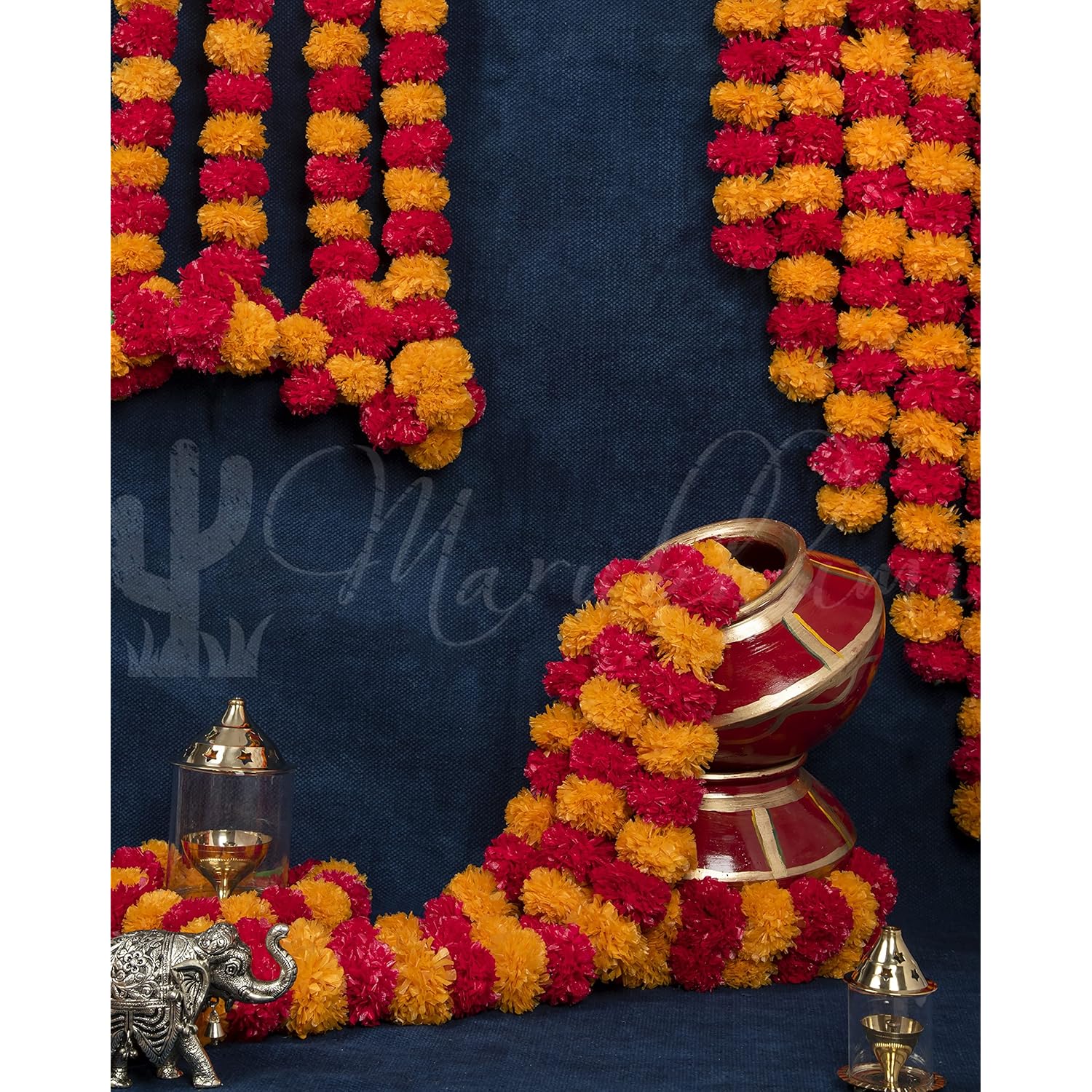 5 Pc - 5 Feet Artificial Marigold Flower Garland – Long Strands For Diwali, Wedding & Festive Decoration – Traditional Indian Home Decor