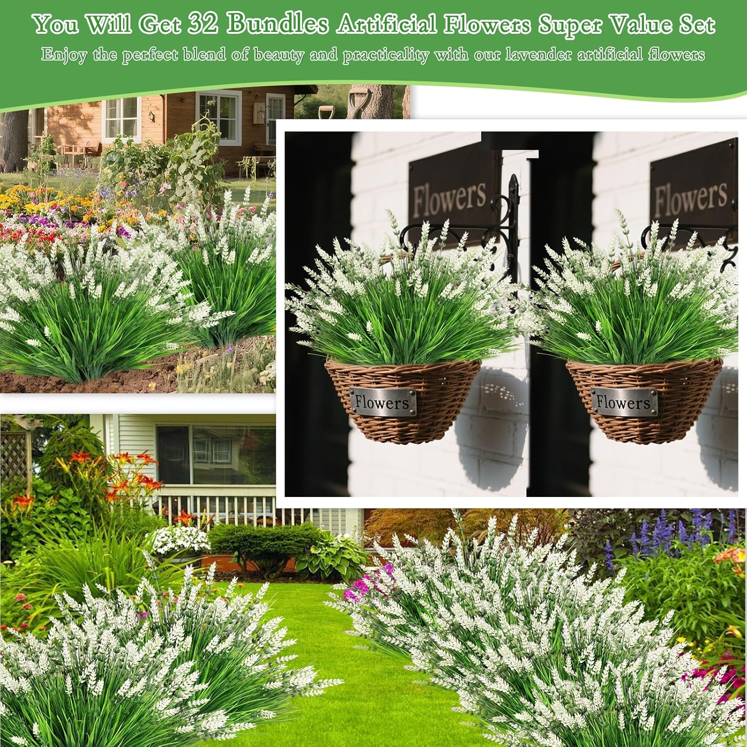 32 Bundles Artificial Lavender Plants Outdoor - Faux Lavender With Monkey Grass Uv Resistant Fake Flowers For Garden Patio Window Hanging Baskets Decor Planter Pathway Front Porch(White)