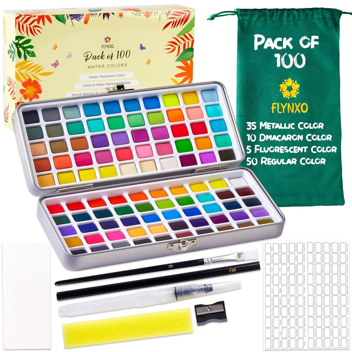 Watercolor Paint Set, 100 Colors, Includes Brushes And Palette, Metal Storage Case