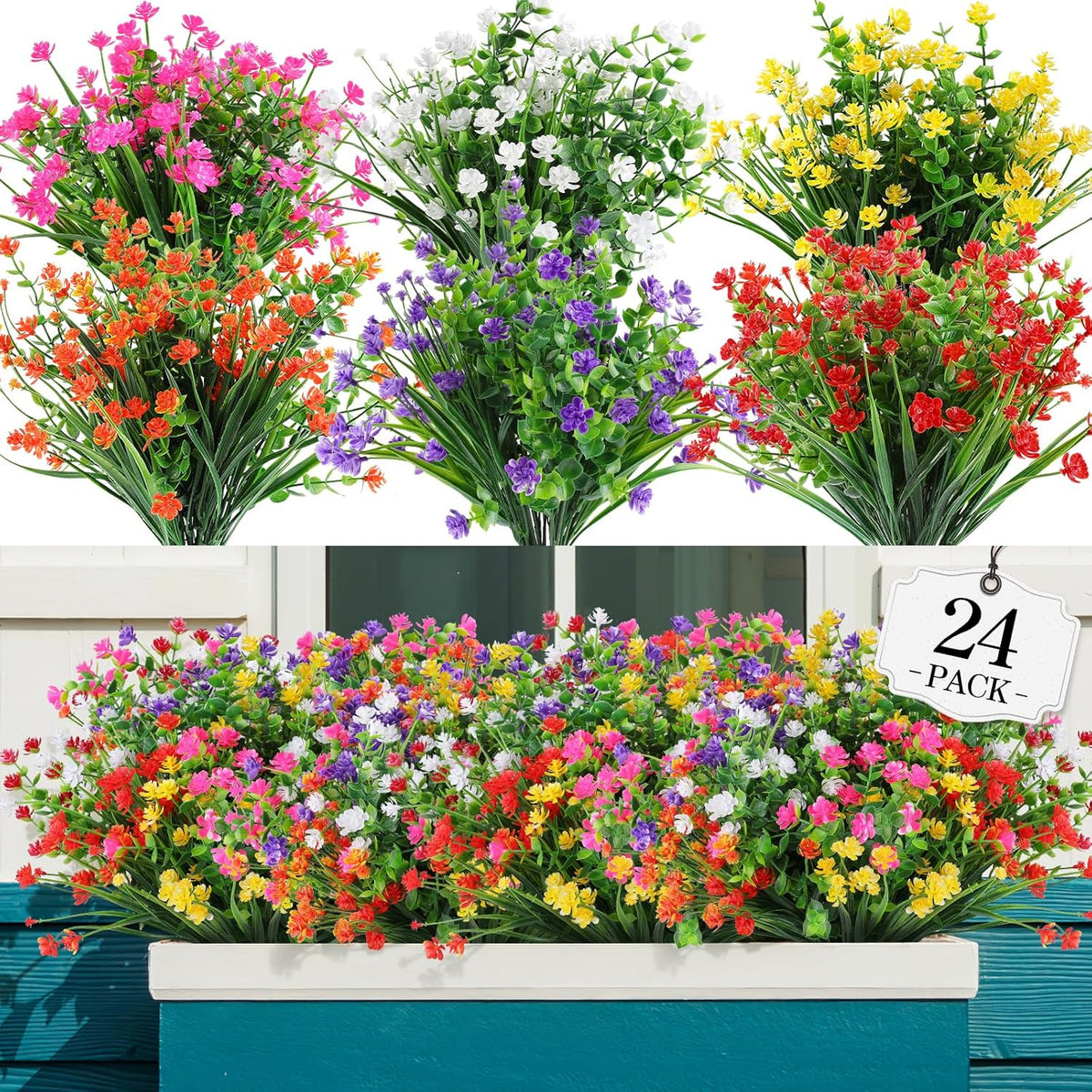 24 Bundles Artificial Flowers Outdoor,No Fade Fake Plastic Flowers Faux Plants For Decoration Hanging Planters Indoor Outside Garden Porch Window Box Home Farmhouse Wedding