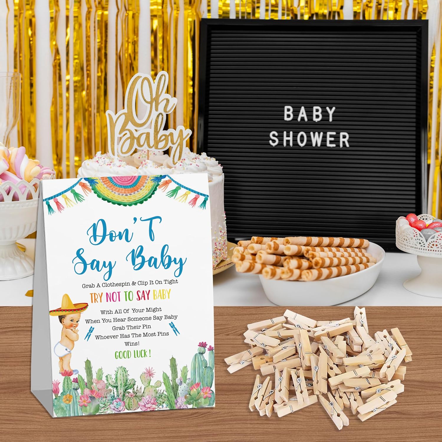 Fiesta Mexican Baby Shower, Don'T Say Baby Game For Baby Shower (One Sign With 50 Mini Clothespins), Fiesta Mexican Theme Baby Shower Decorations, Gender Reveal Game-Dsbb13