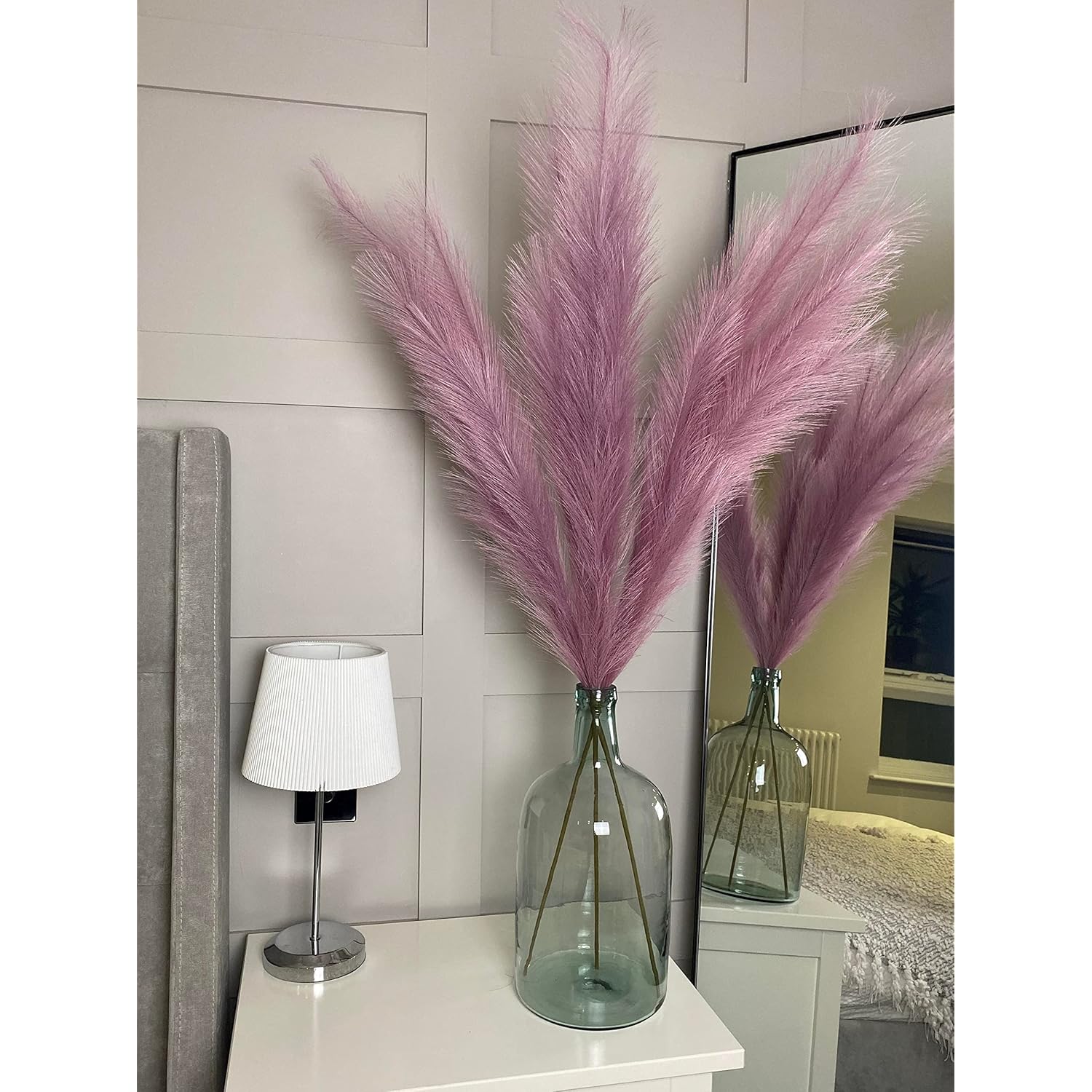 Lilac Purple Fake Artificial Faux Pampas Grass Large Bundle 3 Tall 115Cm 45" Extra Fluffy Stems 18 Decorative Branches Artificial Floor Plant Vase Fillers Boho Chic White Home Living Room Decor