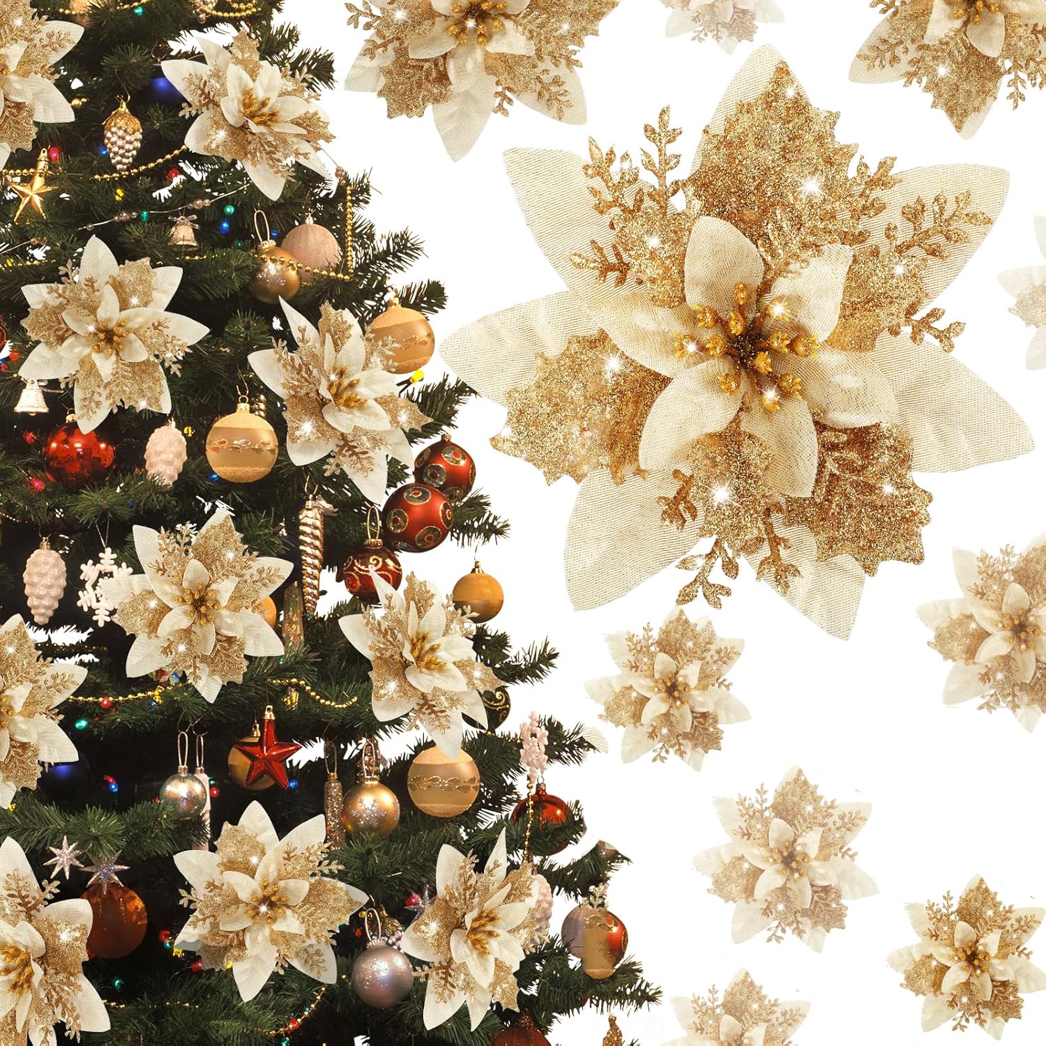Poinsettia Christmas Decorations Flowers - 12Pcs Artificial Red Gold Poinsettia Christmas Tree Ornaments Glittery For Xmas New Year Wedding Party Wreath Diy Garland Decor (Gold)