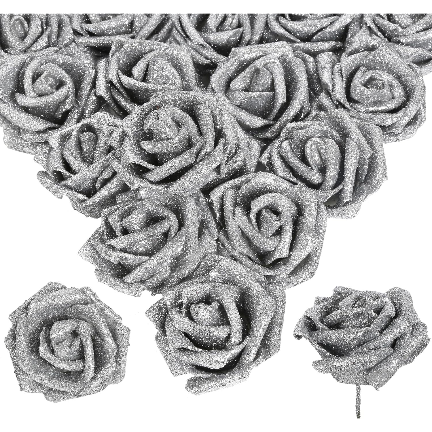 Silver Glitter Roses 30Pcs Artificial Roses With Stems Glitter Foam Flowers 2.56" Silver Flowers Fake Roses For Bridal Shower Wedding Bouquet Table Decor