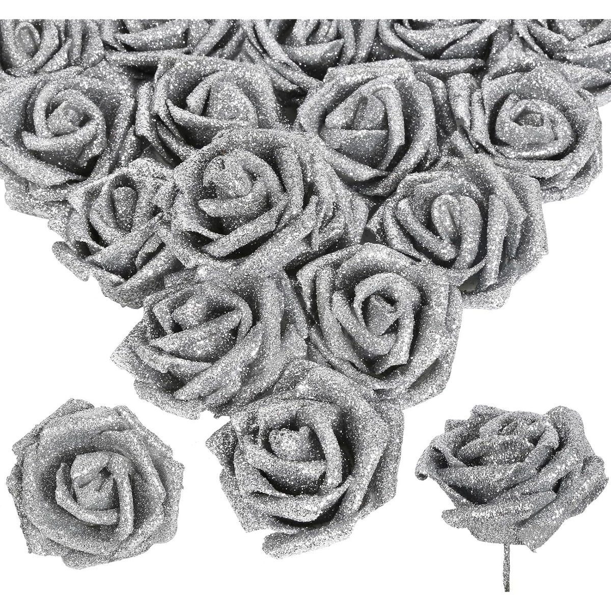Silver Glitter Roses 30Pcs Artificial Roses With Stems Glitter Foam Flowers 2.56" Silver Flowers Fake Roses For Bridal Shower Wedding Bouquet Table Decor
