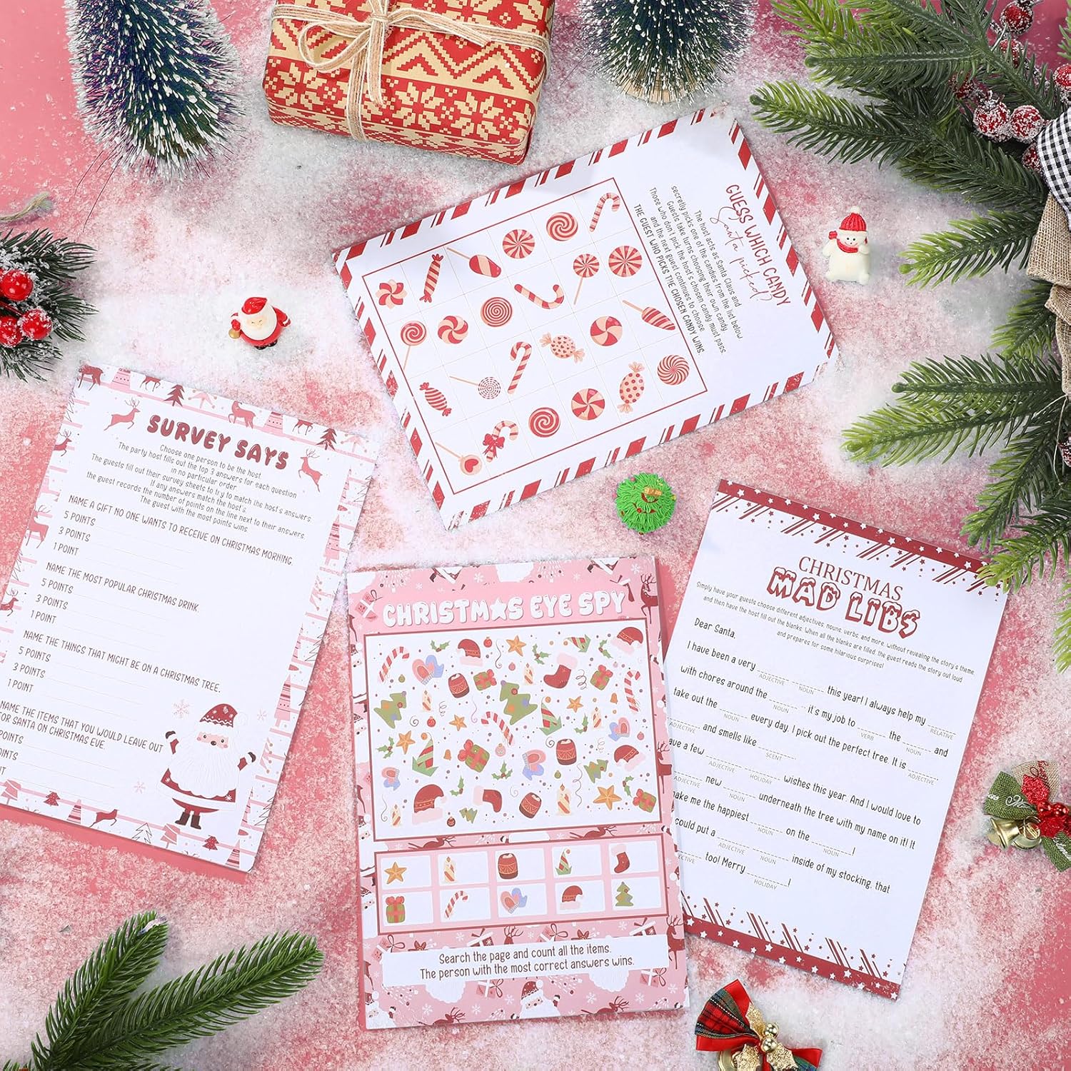 Christmas Party Games For Large Groups Class 25 Players Family Holiday Game Cards 4 Design, Eye Spy, Survey Says, Guess Which Candy, Fill In Fun, Answer Cards Funny Xmas Party Activities