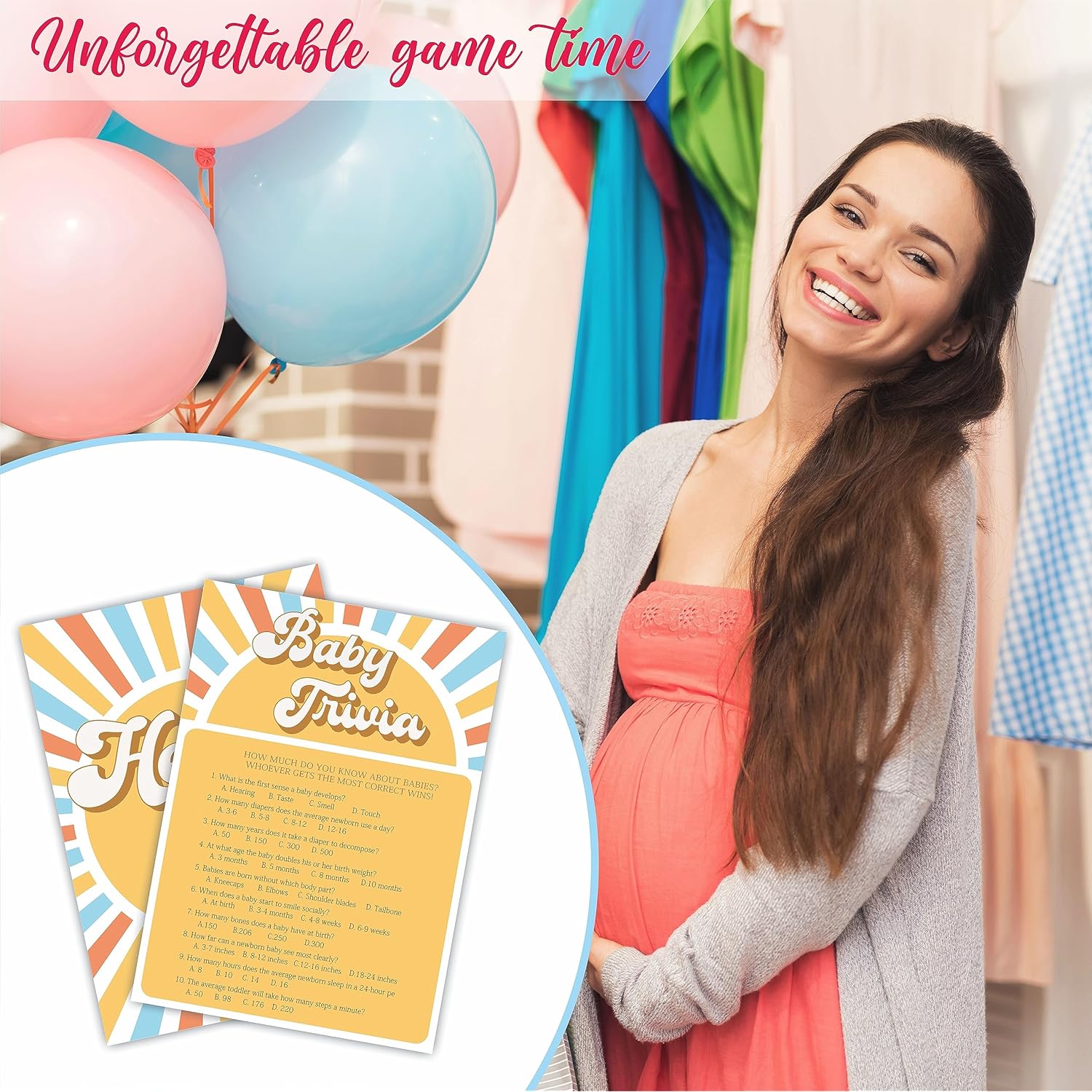 Trivia Game Set - Retro Sunshine Theme Baby Shower Party Activities - Pop Sun Theme Baby Shower Game Kit, Gender Reveal, Announcement Party & Supplies (Pack Of 30 With Answer Card)-B06