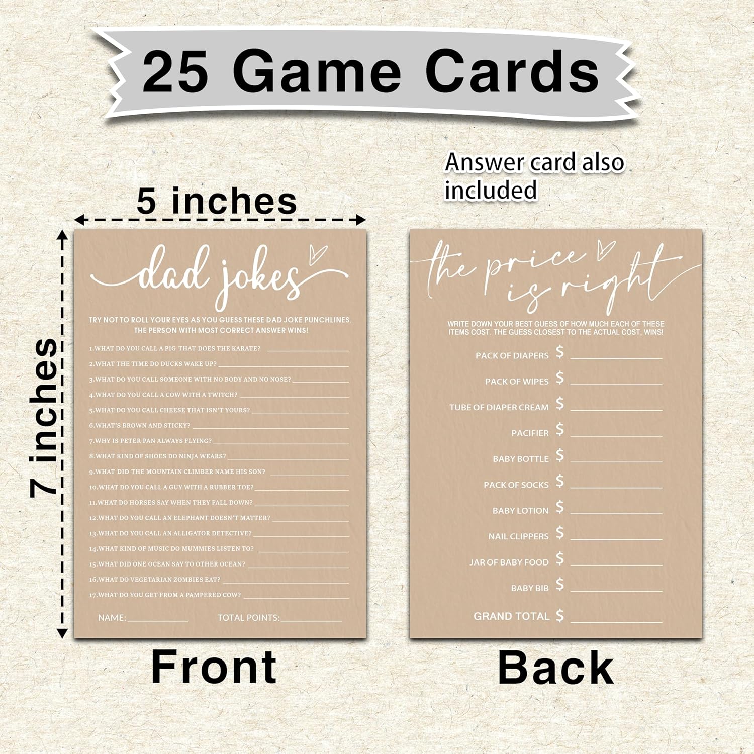 Hilarious Baby Shower Game Cards Ideas, 5" X 7" Double-Sided Baby Shower Games For Girl Or Boy, Brown Minimalism Gender Reveal Party Supplies - E09