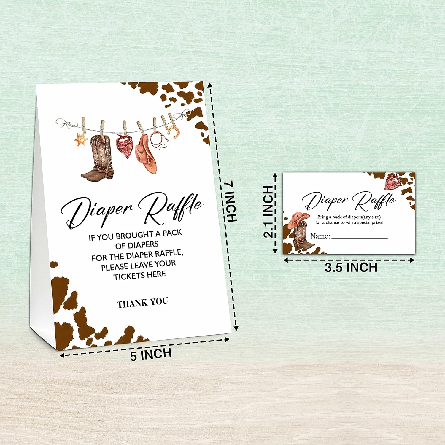 Diaper Raffle Party Games, Western Baby Shower Game, Rustic Country Western Themed Baby Gender Reveal Party Supplies & Activities -1 Double Sided Standing Sign + 50 Guessing Cards (A16)