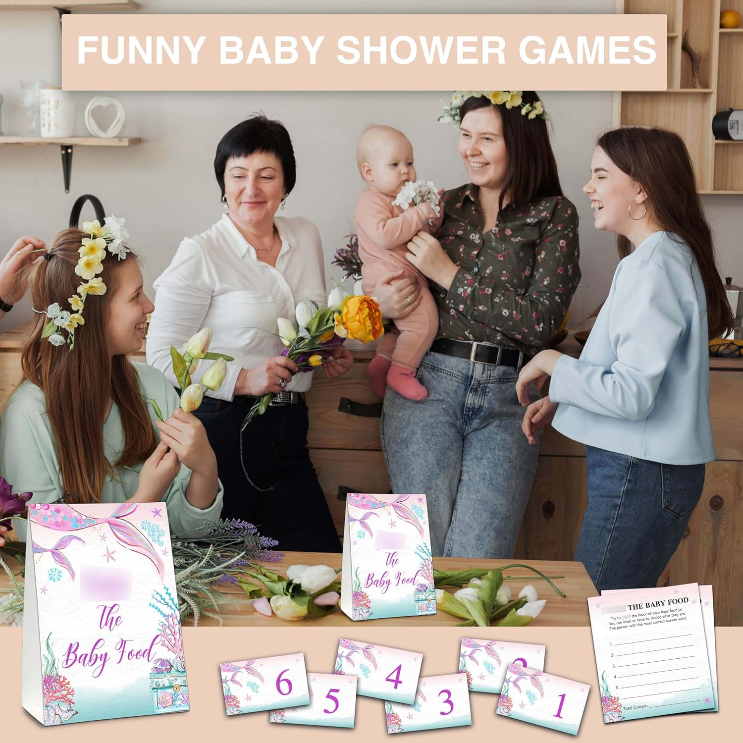 Find The Baby Food Party Games, Mermaid Baby Shower Game Set (1 Standing Sign + 20 Answer Cards + 6 Number Cards), Under The Sea Name The Food Game, Party Favors Decorations(08)