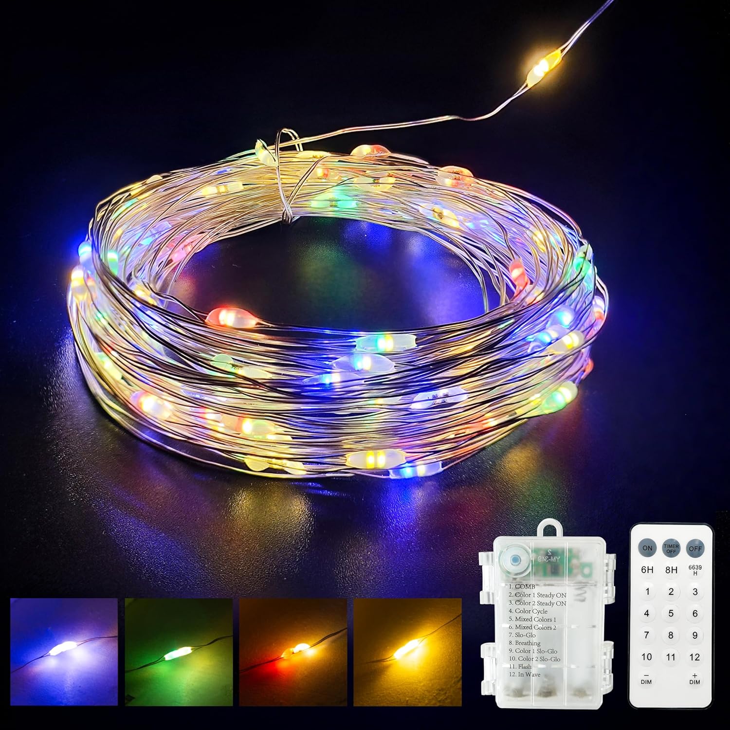 Battery Powered Silver Copper Wire Led String Lights - Remote Control, Color Changing Warm White/Multicolor, For Bedroom