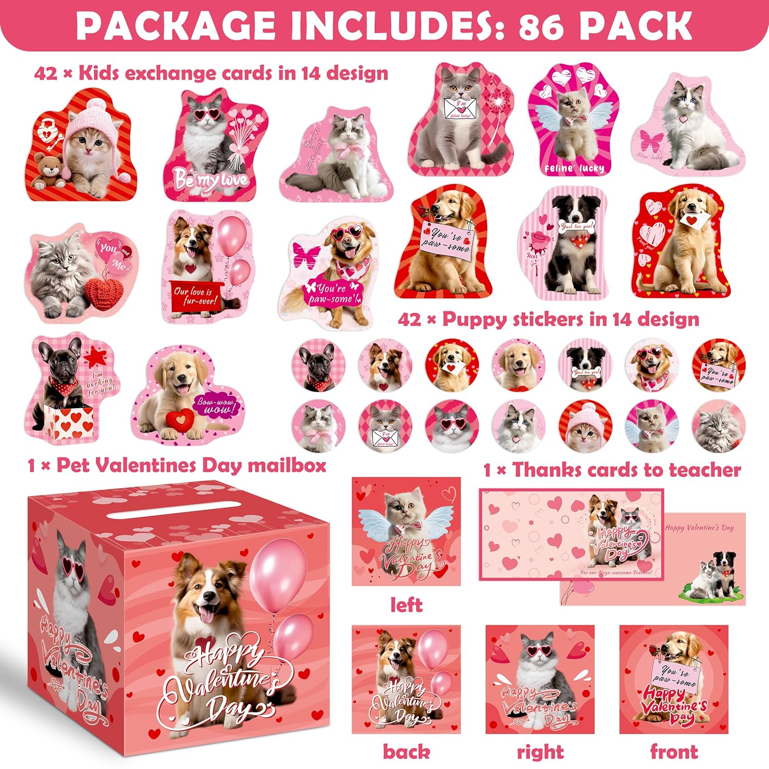 42 Pack Pet Valentine'S Day Card Set For Kids With Diy Box, Dog And Cat Designs, For School Classroom Exchanges, Boys And Girls Valentine'S Day Gifts(1 Mailbox, 42 Cards, 42 Stickers