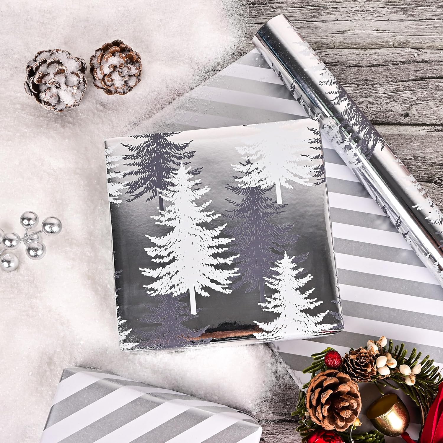 Reversible Wrapping Paper Roll - Silver Metallic Foil Gift Wrap With Trees, Stripes Design For Holiday Winter (Sliver Christmas Tree, 17Inch X 16.5Feet)