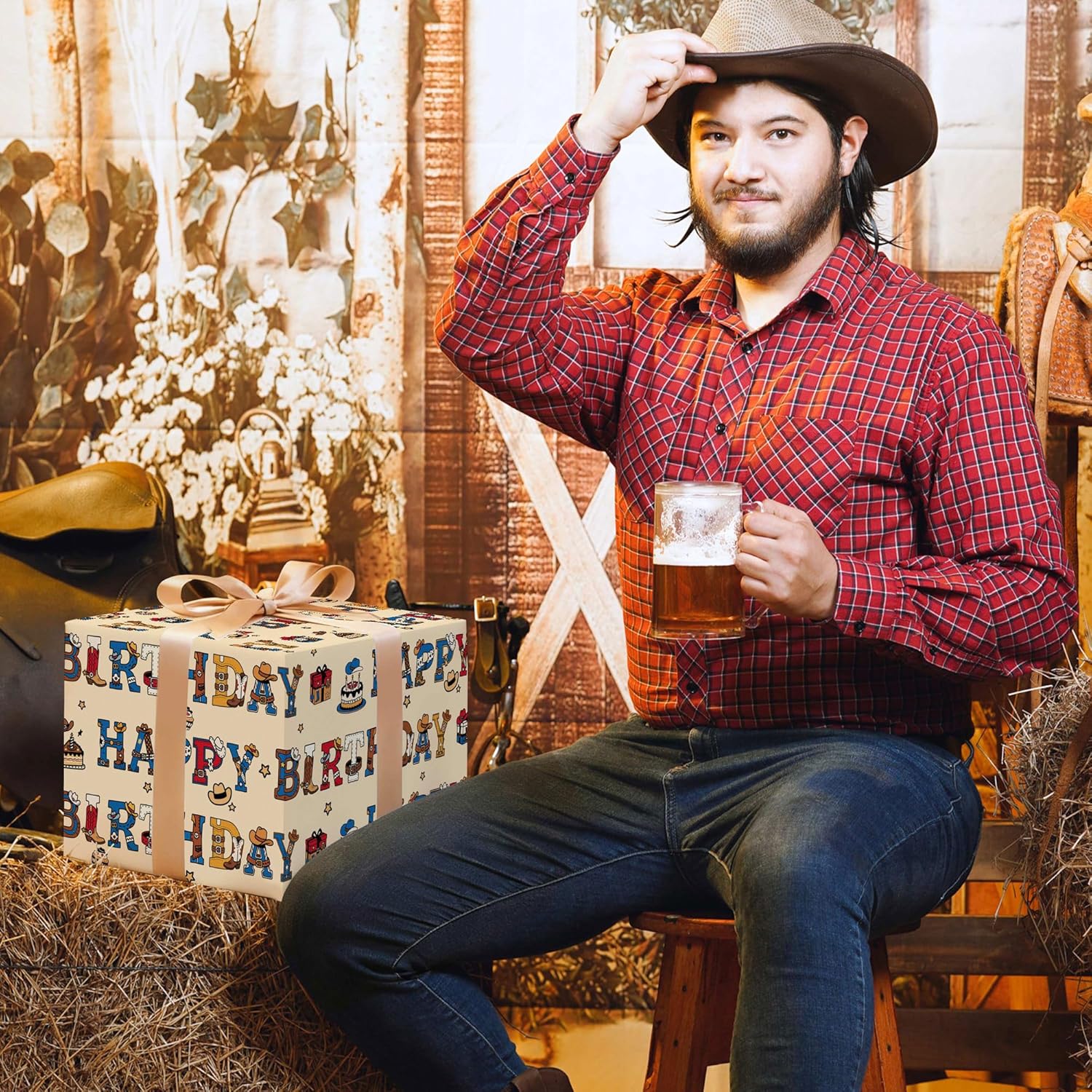 Cowboy Birthday Wrapping Paper - 4 Jumbo Sheets, 28 * 40 Inches - Western Farm Gift Wrap With Cowboys Hat Boots Cake, And Happy Birthday, Perfect For Kids Boys Girls Birthday, Baby Showers