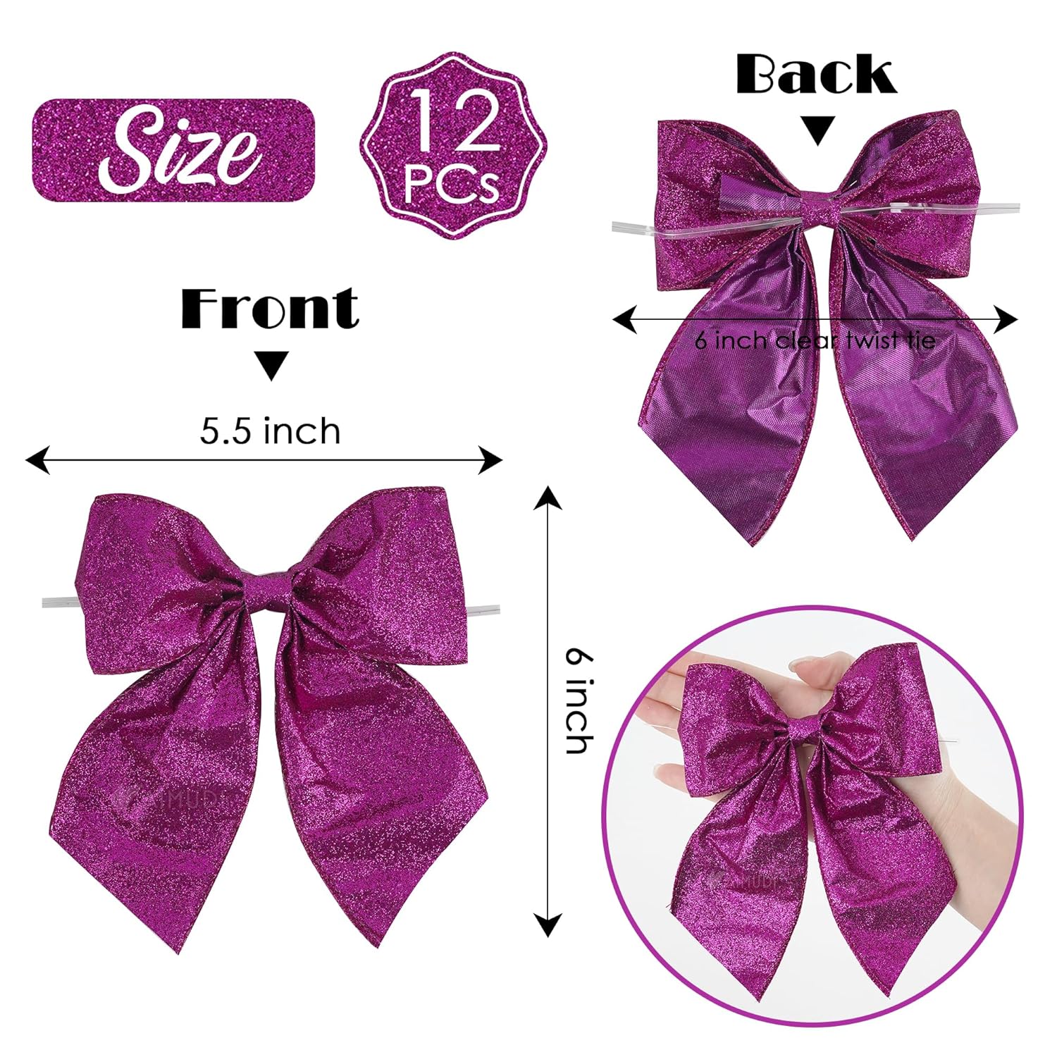 Purple Glitter Wired Ribbon Bows With Twist Tie 5.5" Premade Metallic Christmas Bows For Gift Wrapping, Wreath, Garland, Holiday Crafts Party Home Outdoor Christmas Tree Decorations, 12 Pcs