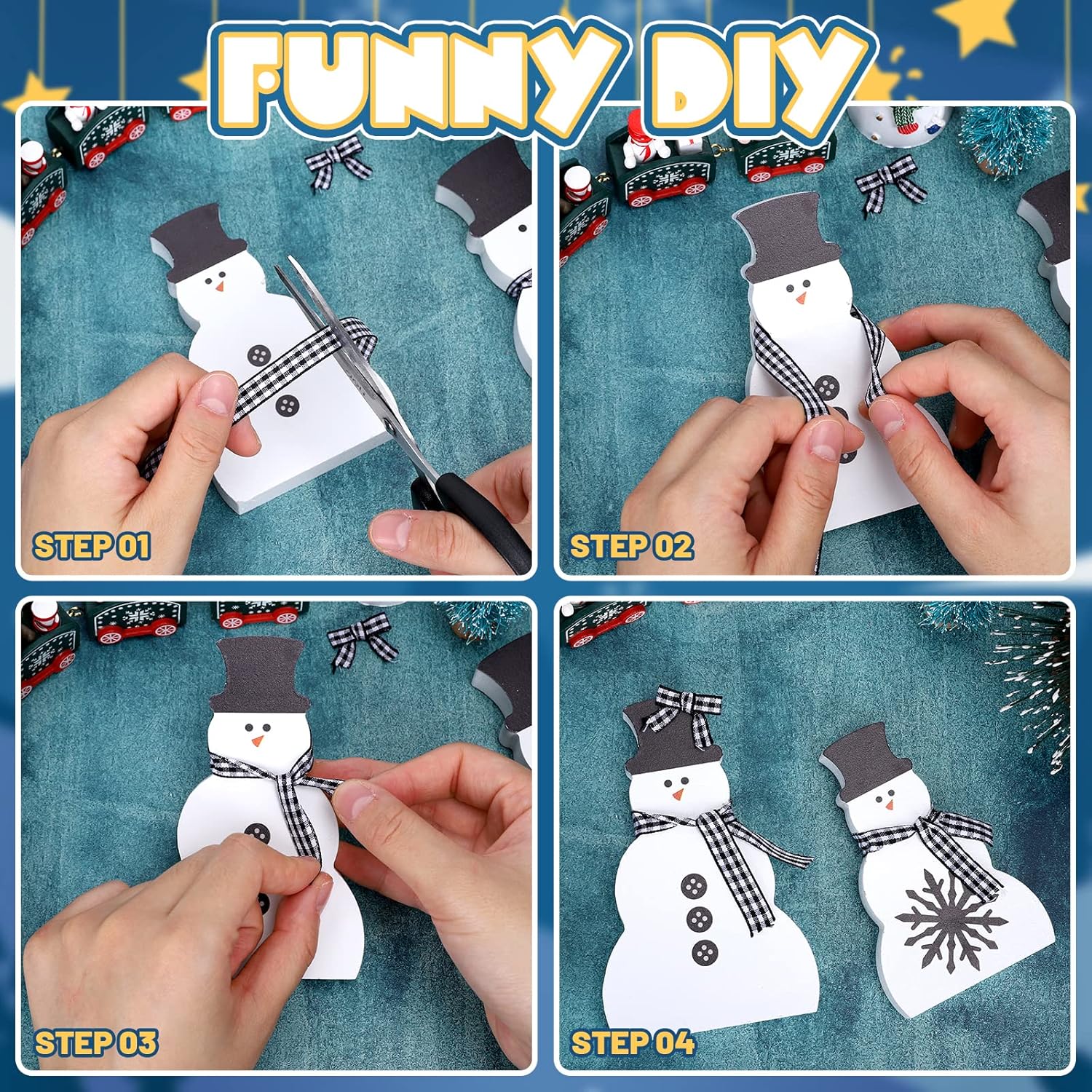 3Pcs Christmas Snowman Wooden Decorations Black White Wood Centerpiece With Plaid Ribbon Xmas Tiered Tray Decor Rustic Blocks For Home Mantel Fireplace Tabletop