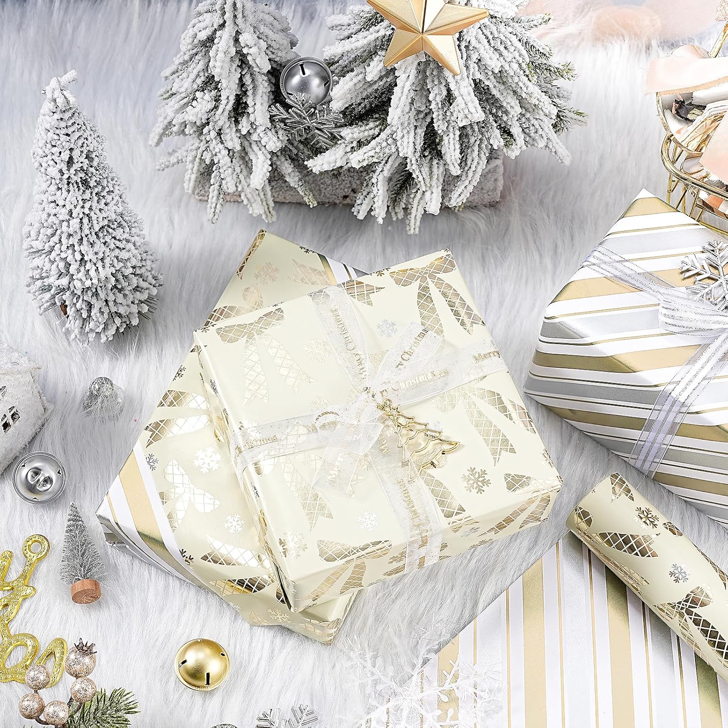 Christmas Reversible Wrapping Paper Roll For Girls, Mini Roll, Gold Foil Bow And Snowflake Design, Gold And White Stripes Gift Wrap Paper Ideal For Holiday Gifts, 17 Inches X 32.8 Feet