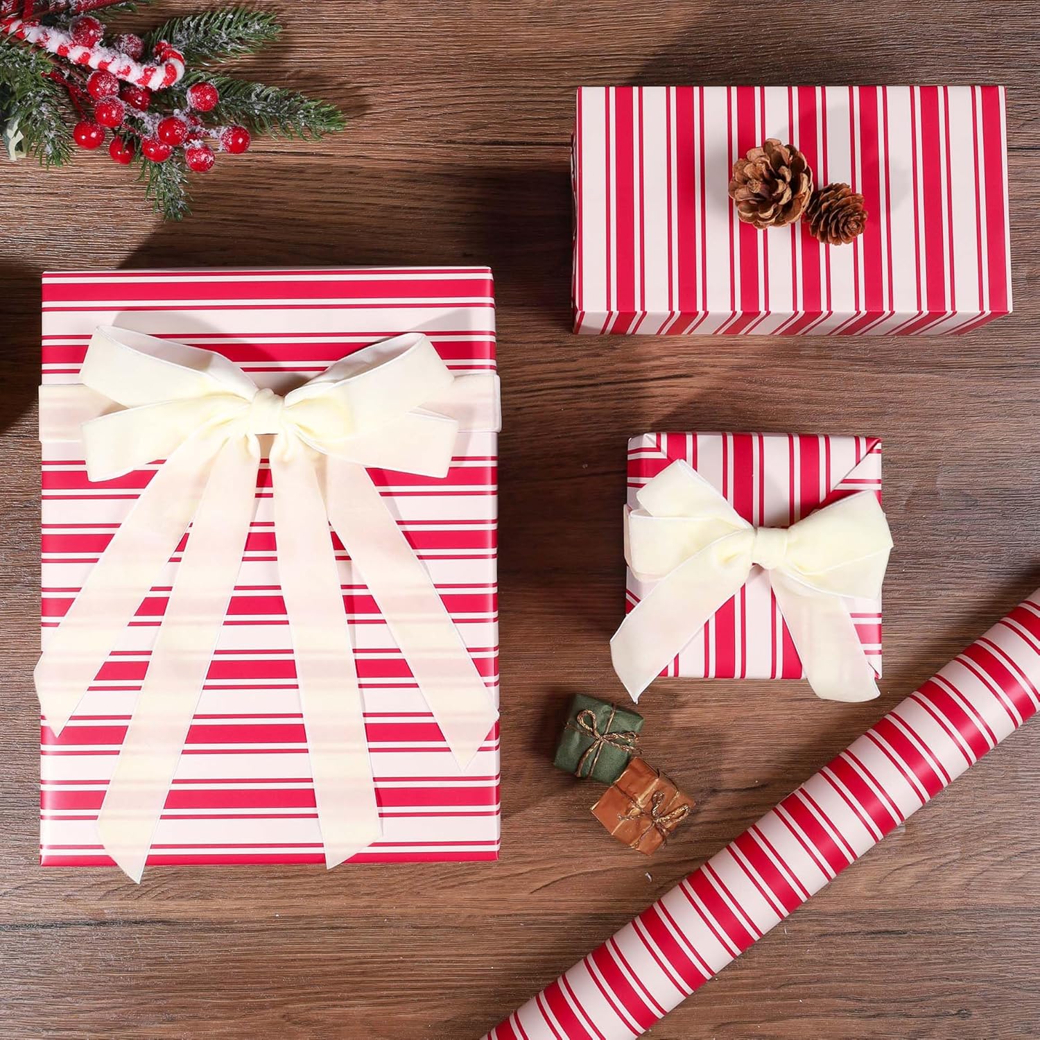 Christmas Wrapping Paper Roll, Classic Red & White Striped Gift Wrap For Christmas, Holiday, Winter Party, 17 Inch X 33 Feet