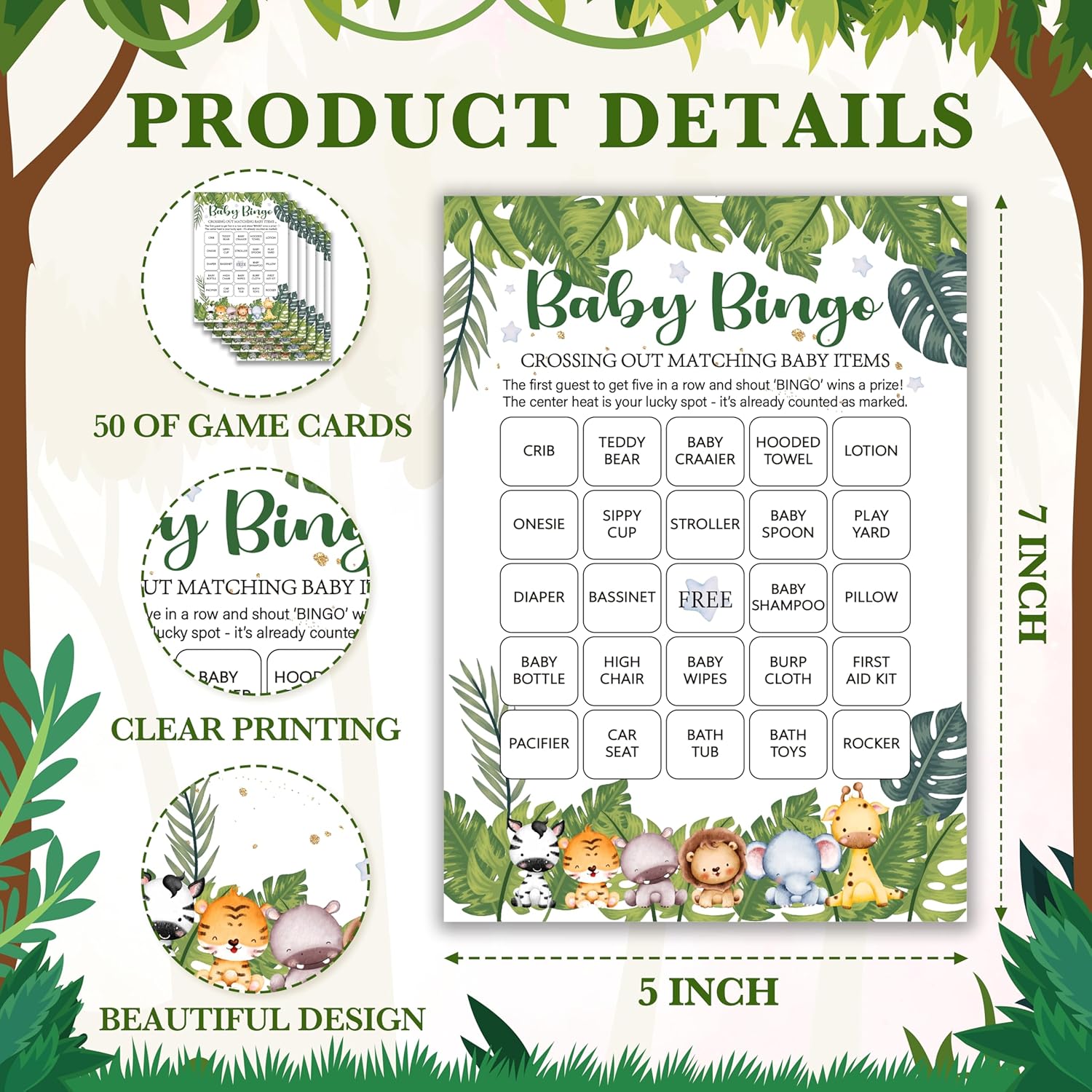 Safari Animals Baby Shower Games Card Set, Includes Baby Word Scramble, Baby Trivia, Baby Predictions And Advice, Baby Shower Bingo, Baby Shower Gender Reveal Party Decoration Favors, Set Of 50 -01