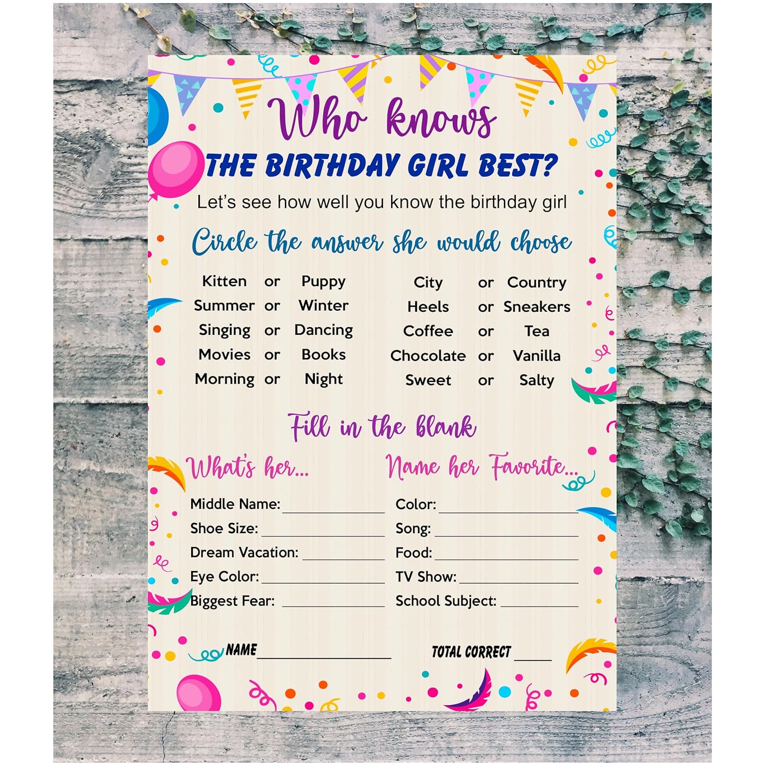 Who Knows The Birthday Girl Best Game, Themed Birthday Party Ideas, Fun Game For Sleepover, Play Pack Of 30 Cards 5”X7”. Made In Usa