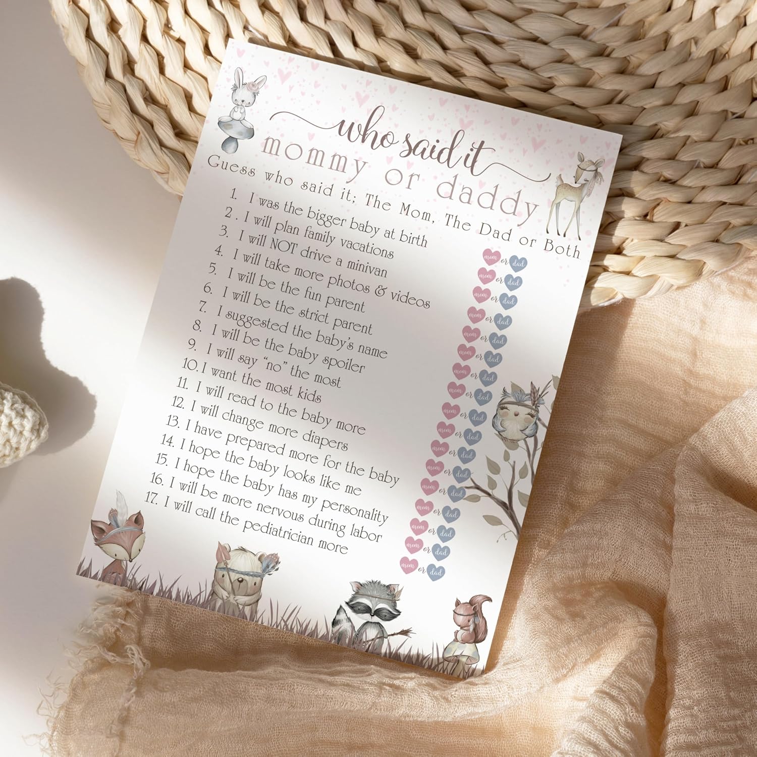 Woodland Baby Shower Games For Girl - 25 Guess Who Mommy Or Daddy Game Cards, Fun Guessing Activities For Guests Prizes, Boho Animals Theme Neutral Pink, 25 Cards