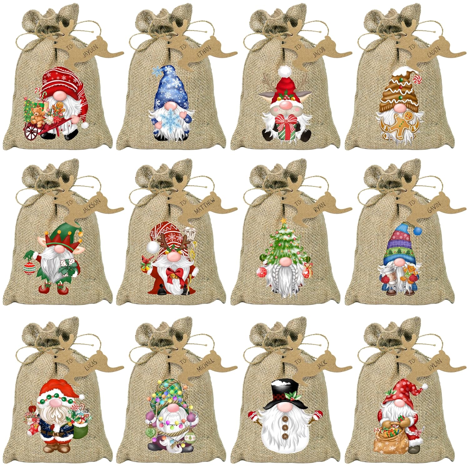 Christmas Burlap Gift Bags With Drawstrings 24Pcs, Watercolor 12 Designs Christmas Gnome Linen Wrapping Bags, Small Christmas Treat Candy Bags For Holiday Party Favor Supplies