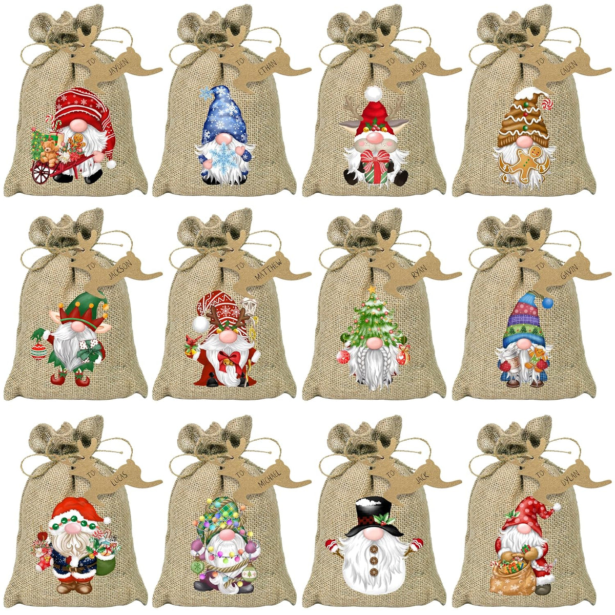Christmas Burlap Gift Bags With Drawstrings 24Pcs, Watercolor 12 Designs Christmas Gnome Linen Wrapping Bags, Small Christmas Treat Candy Bags For Holiday Party Favor Supplies