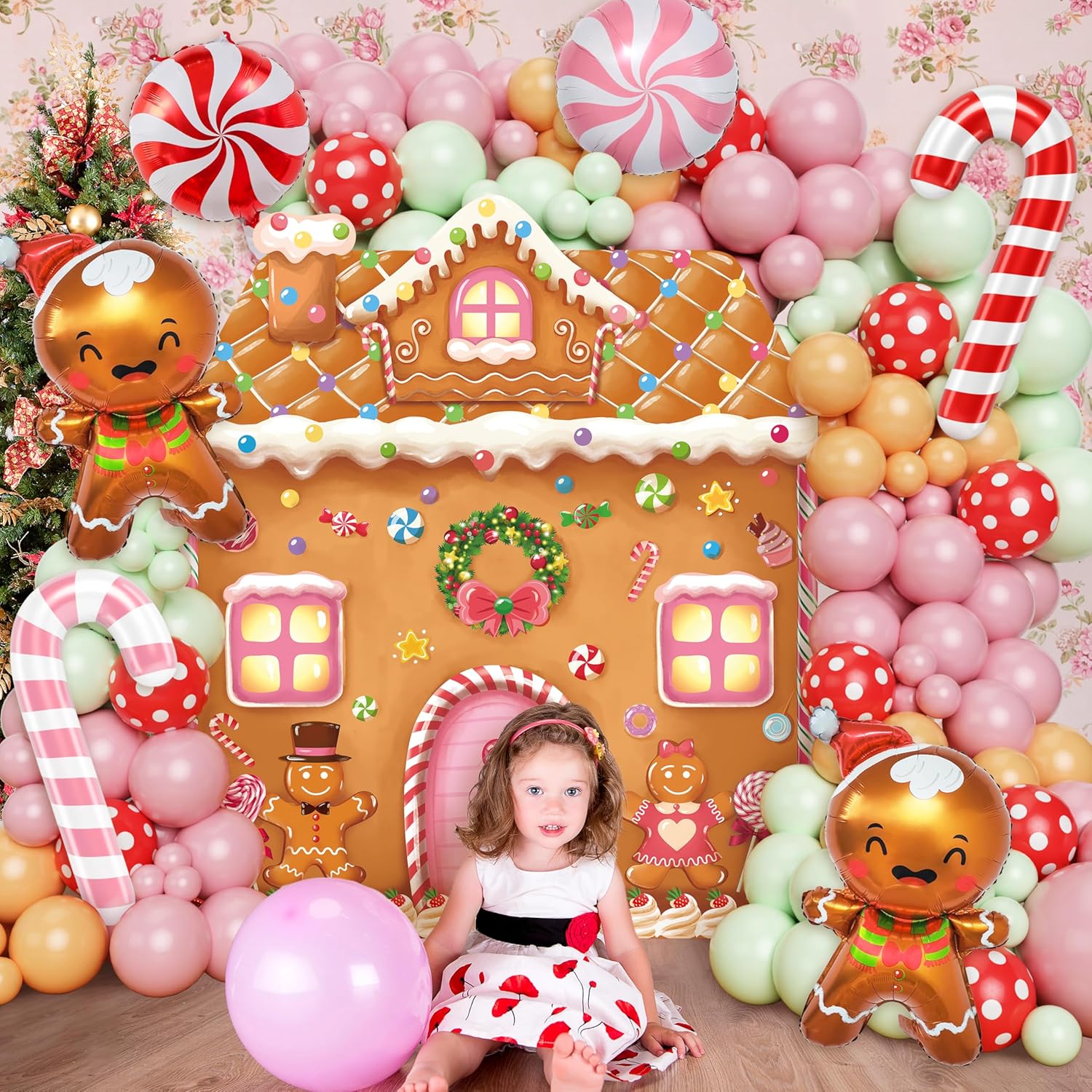 Christmas Gingerbread Balloon Garland Arch Kit With Gingerbread House Backdrop - Pastel Pink Green Brown Balloons Candy Cane Foil Balloons For Holiday New Year Birthday Party Decorations