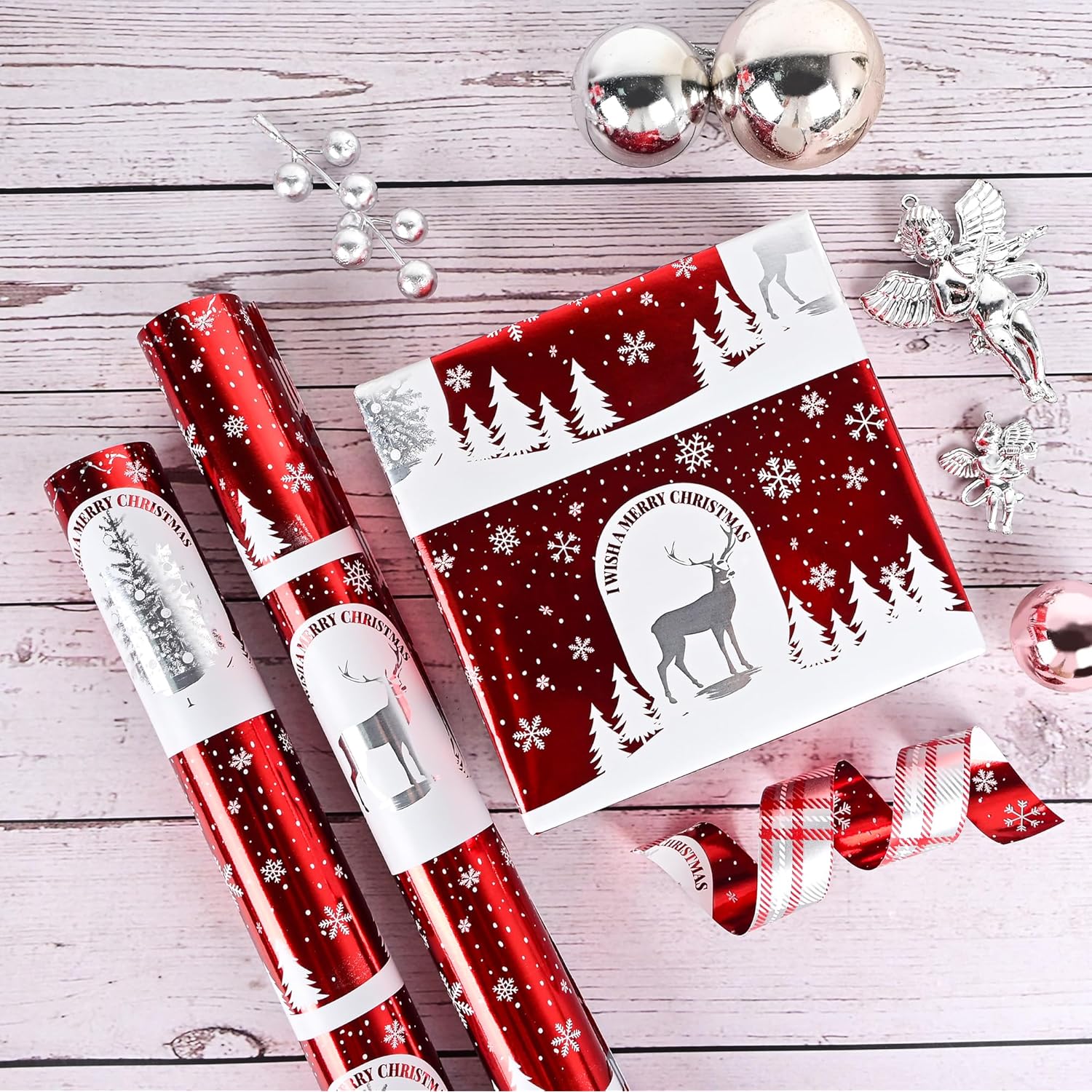 Christmas Wrapping Paper Mini Roll 17 Inch X 16.5 Feet Printed On Purple Metallic Foil Paper - Reversible, Santa And Snowflakes, For Xmas, Holiday, Party Celebration (Red Christmas Foil, 17 Inch X 16.5 Feet)