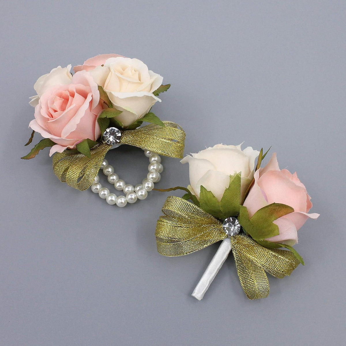 Prom Rose Corsage Boutonniere Set Real Touch Flowers For Party Ball Dancing Wedding With Lace Bow Décor (Pink+Champagne)