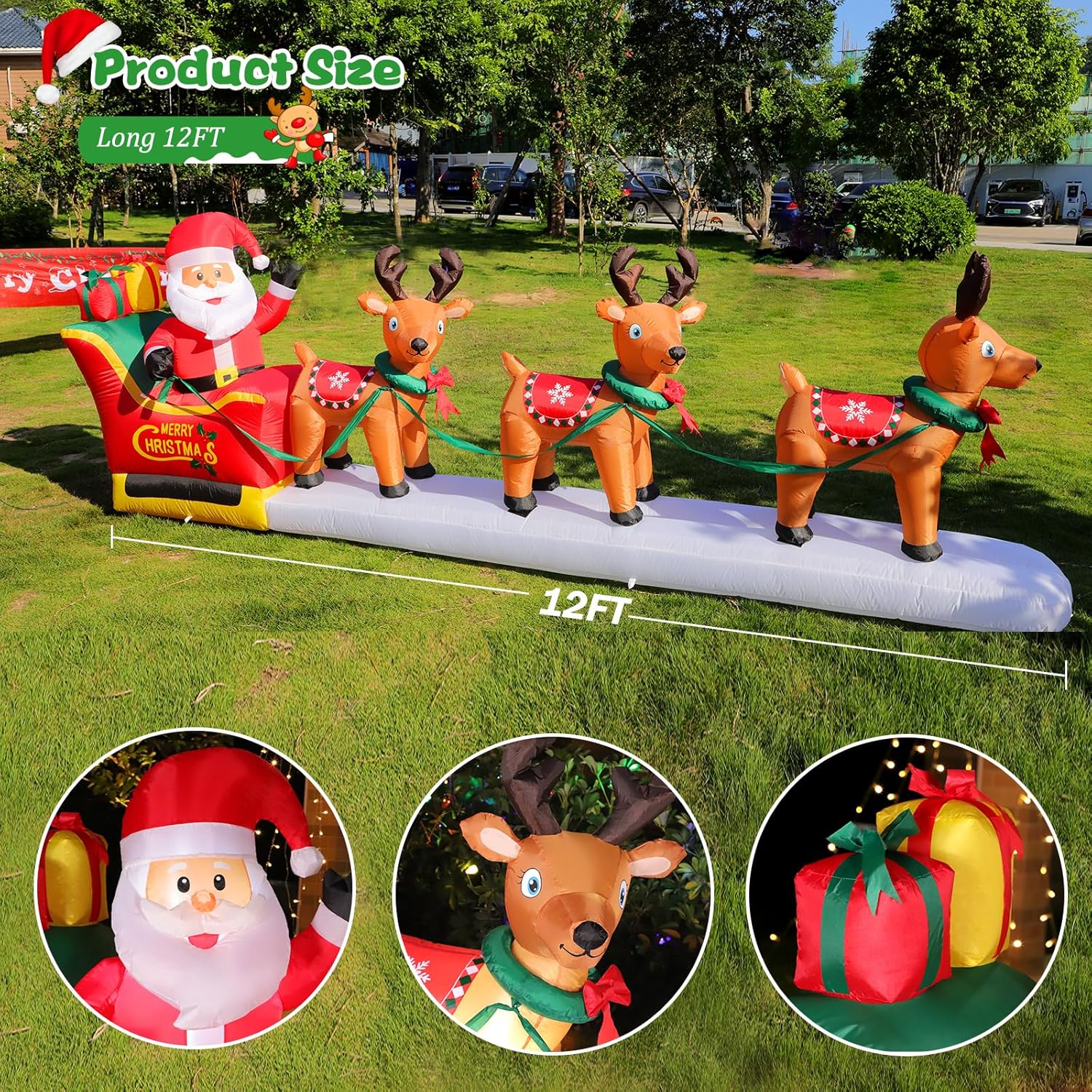12Ft Long Christmas Inflatables Santa Claus On Sleigh With 3 Reindeer Yard Decoration, Cute Blow Up Santa Xmas Decor Wit