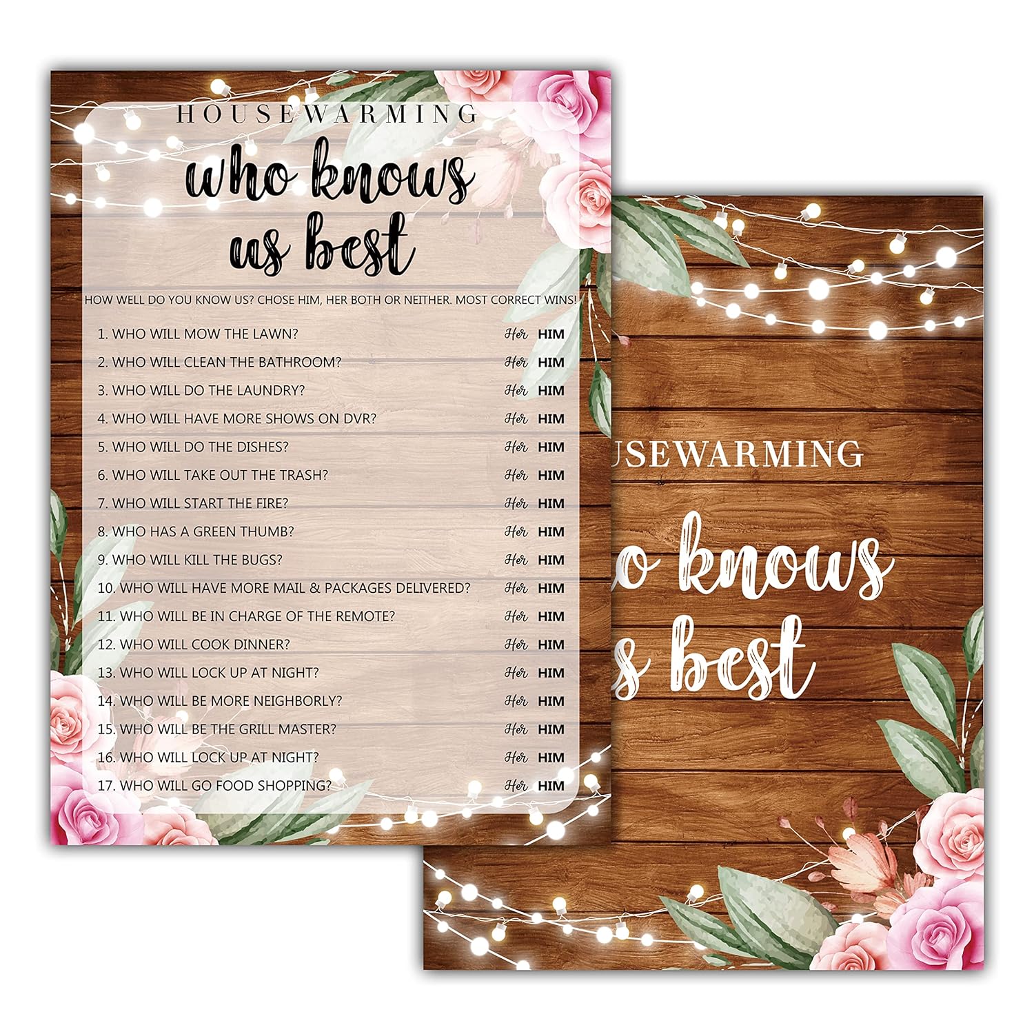Housewarming Party Games, Who Knows Us Best, Rustic Floral New Home, New House, New Homeowner Party Games Cards, 30 Sheets Each Pack