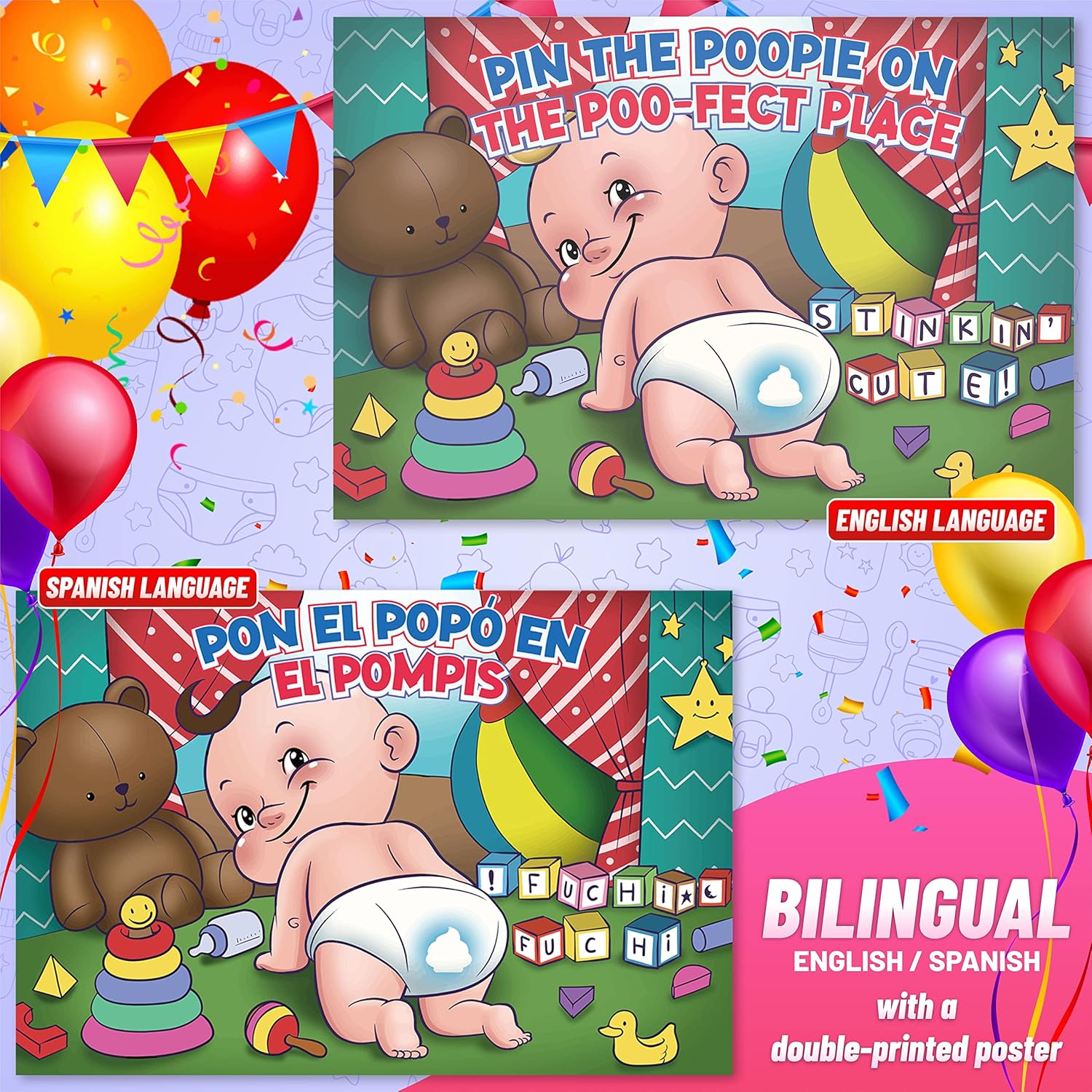 Baby Shower Games Pin The Poopie.Bilingual English/Spanish.Original Funny Hilarious Party Game. Baby Sprinkle Games.