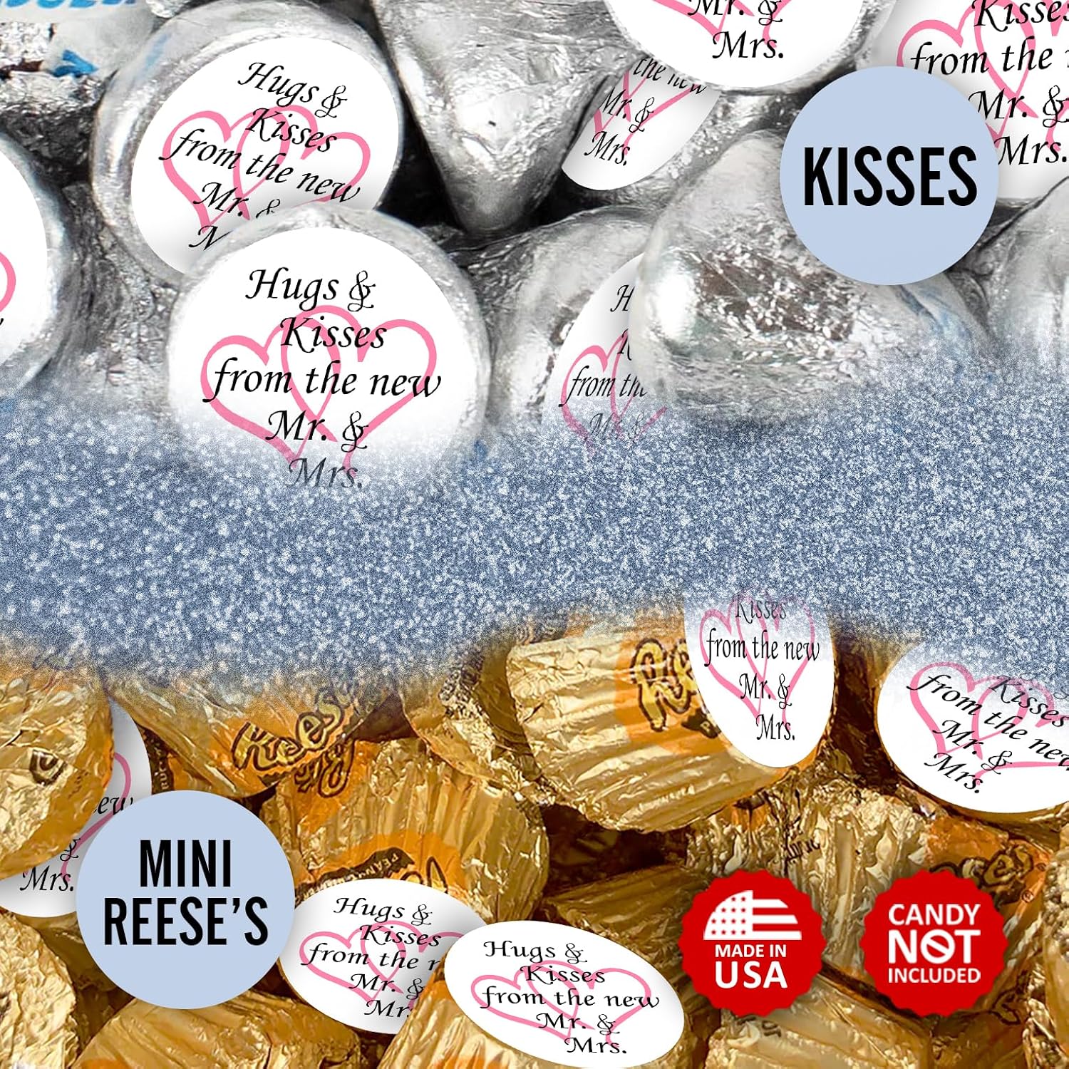 324 Hugs And Kisses From The New Mr. & Mrs. With Interlocking Hearts Wedding Stickers, Chocolate Drops Labels For Bridal Shower Engagement Party Decorations, Favors Decor For Kiss (Pink)