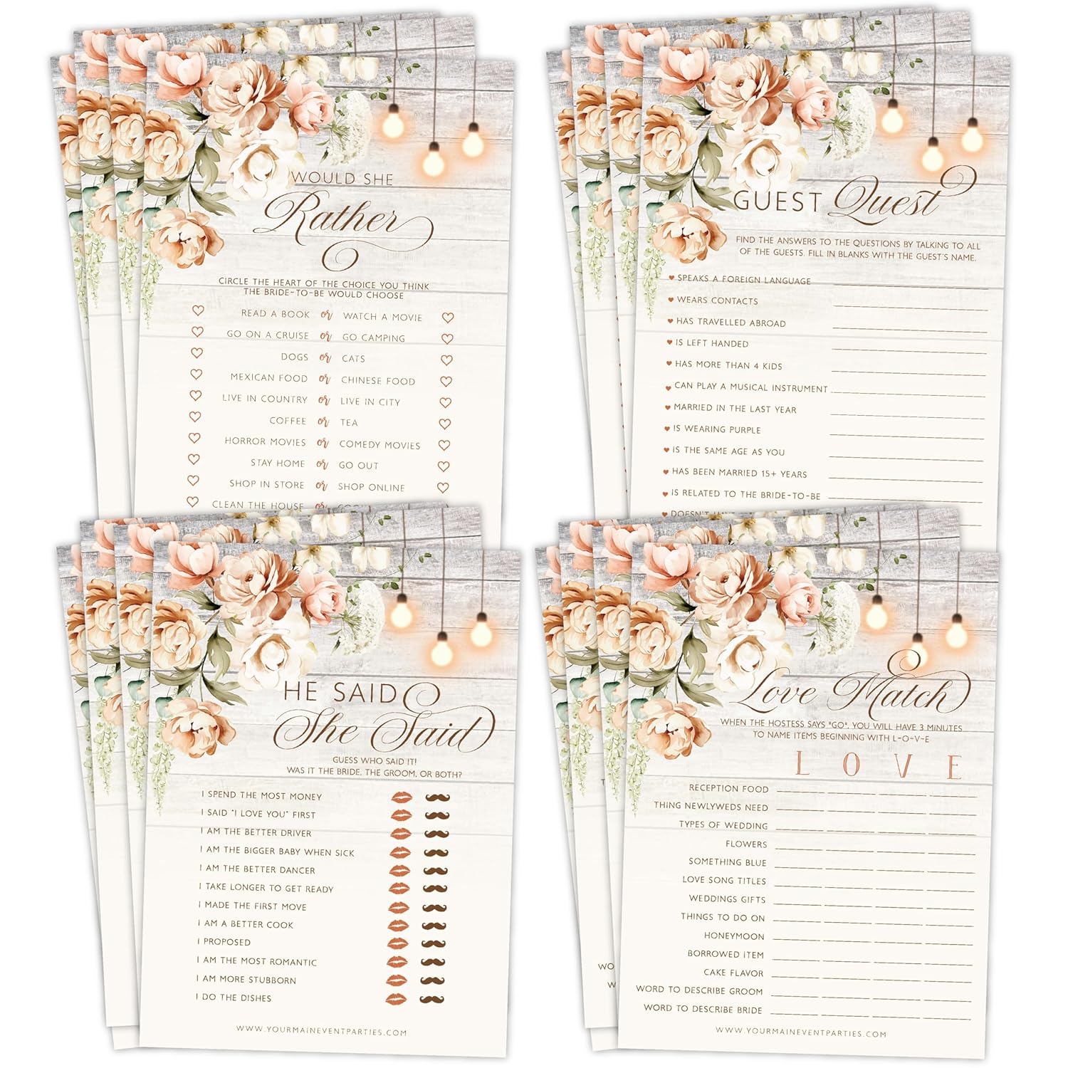Rustic Wood And Floral Wedding Bridal Shower Games - Would She Rather, Guest Quest, He Said She Said, And Love Match - 25 Games Cards Per Game