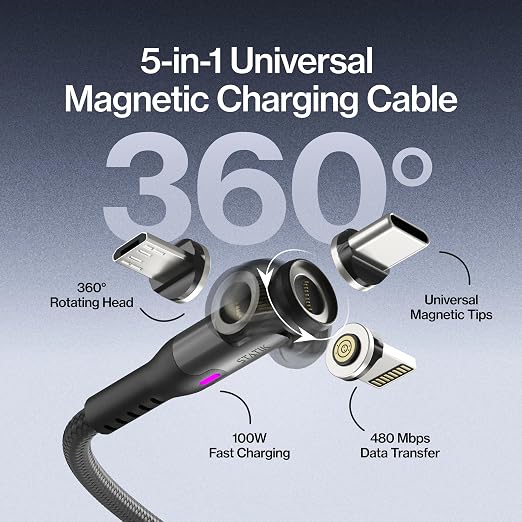 10FT 100W 3 in 1 Magnetic Charging Cable USB C Micro USB Lightning Tips Black