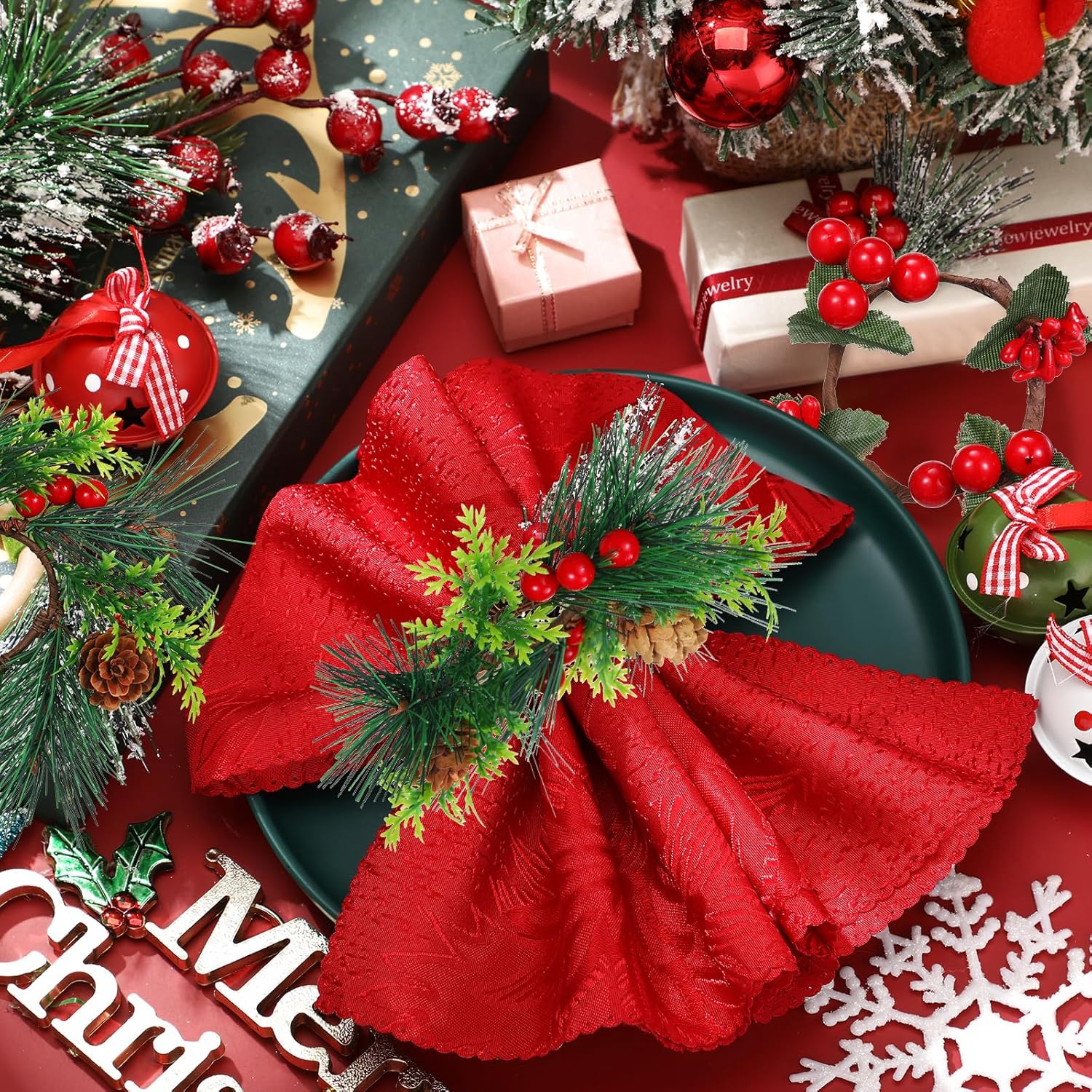 12 Pieces Christmas Napkin Rings Holder Pine Cones Poinsettia Pumpkin Wooden Napkin Rings Decor For Christmas Thanksgiving Birthday Party Supplies (Wreath Style)