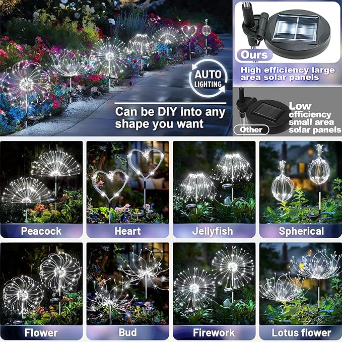 Solar Garden Lights Outdoor 120 LED Firework Lights Waterproof Bendable Copper Wire Yard Decor