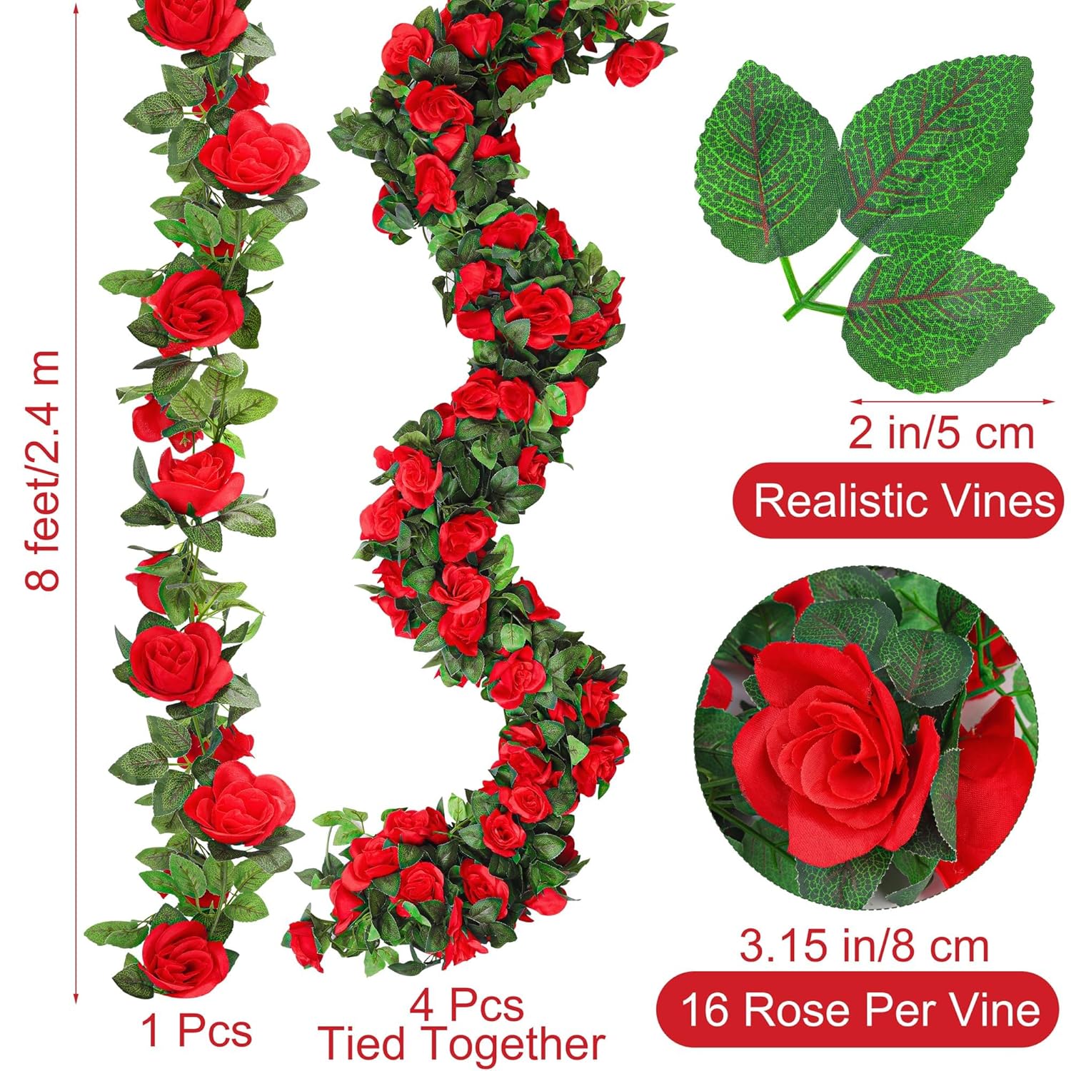 4 Pack 32 Ft Red Flower Garland Artificial Rose Vines Roses Fake Vine Flowers Plants Party Supplies For Holiday Wedding Garden Craft Art Decoration