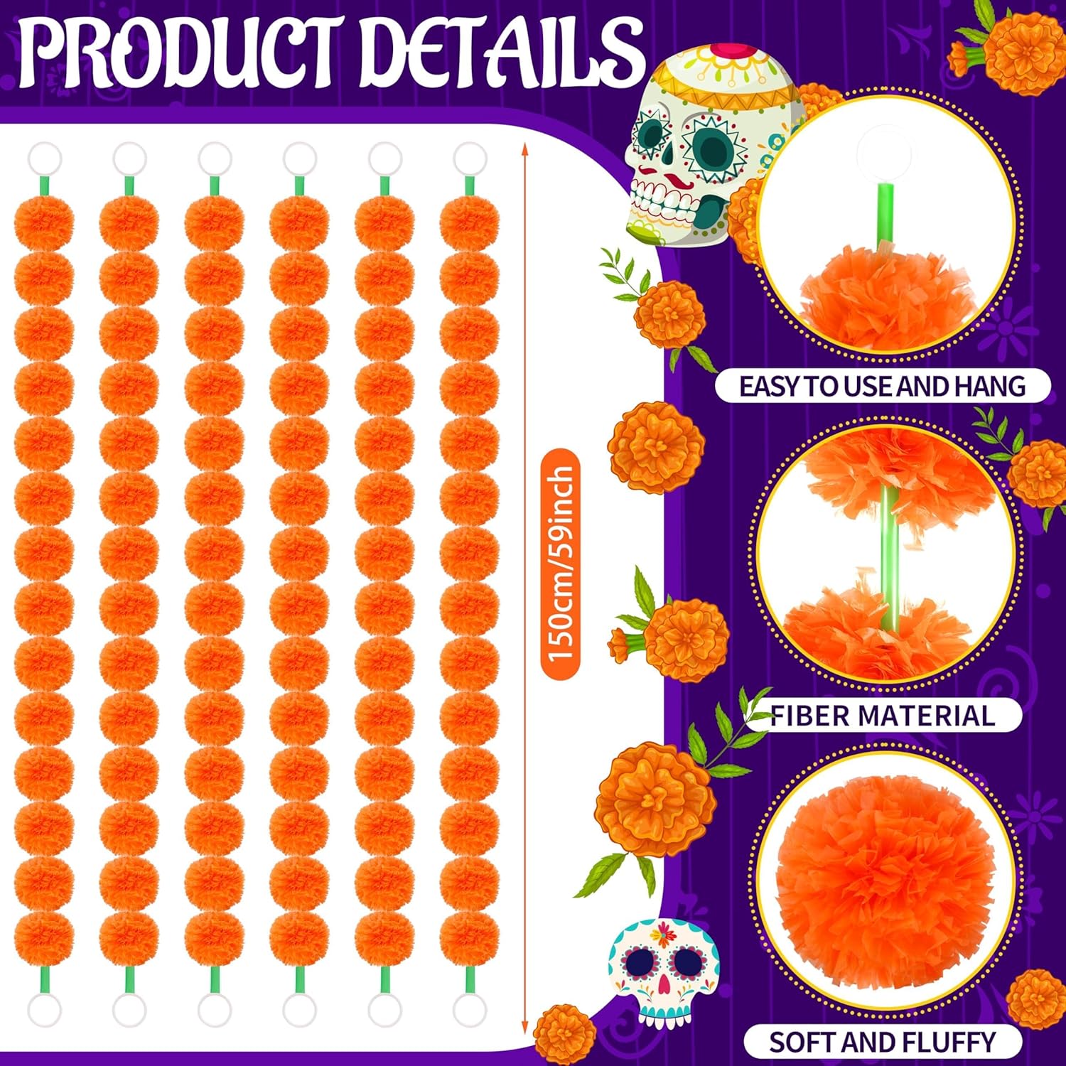 6 Pcs - 5 Feet Marigold Garland Indian American Wedding Party Mantle Decoration, Dia De Los Muertos Faux Garlands Diwali Decoration, Spring Bush Floral ?Dark Orange?