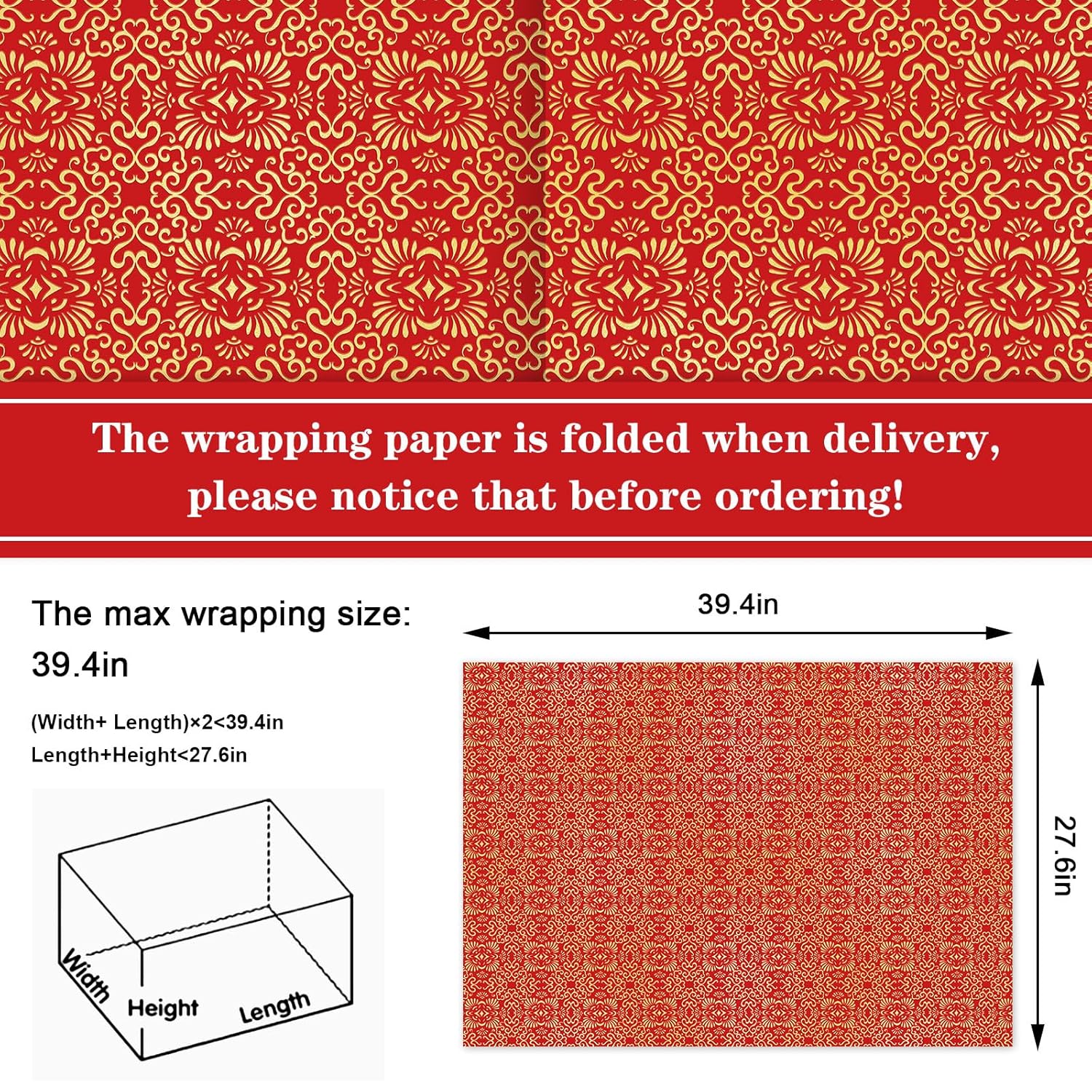 6 Sheets Chinese New Year Wrapping Paper -Not Roll- Red Gold Gift Wrap Paper Folded Flat Diy Art Craft Paper For Spring Festival Party Packaging, 39.4 X 27.6 Inch